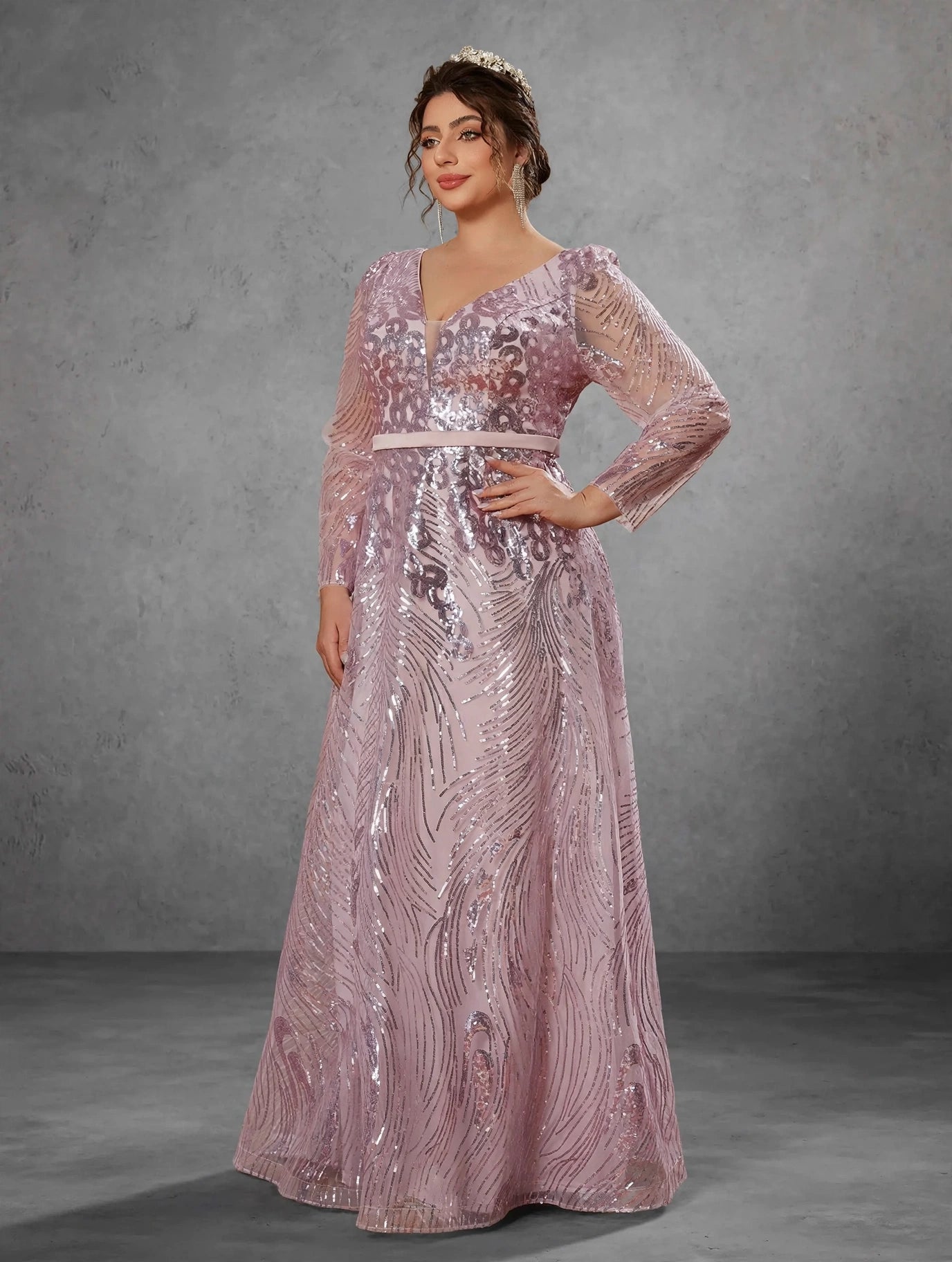 V-Neck Sequin Formal Evening Gown