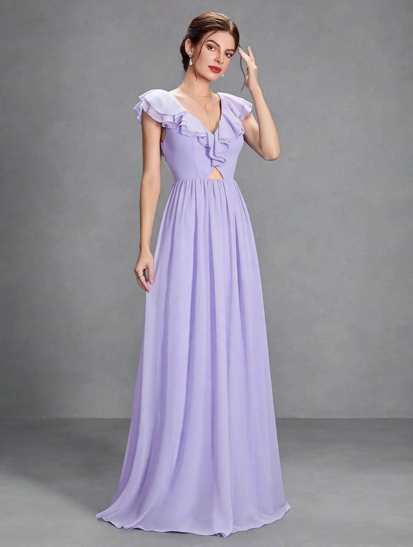 Romantic Double-Ruffle Chiffon Evening Gown