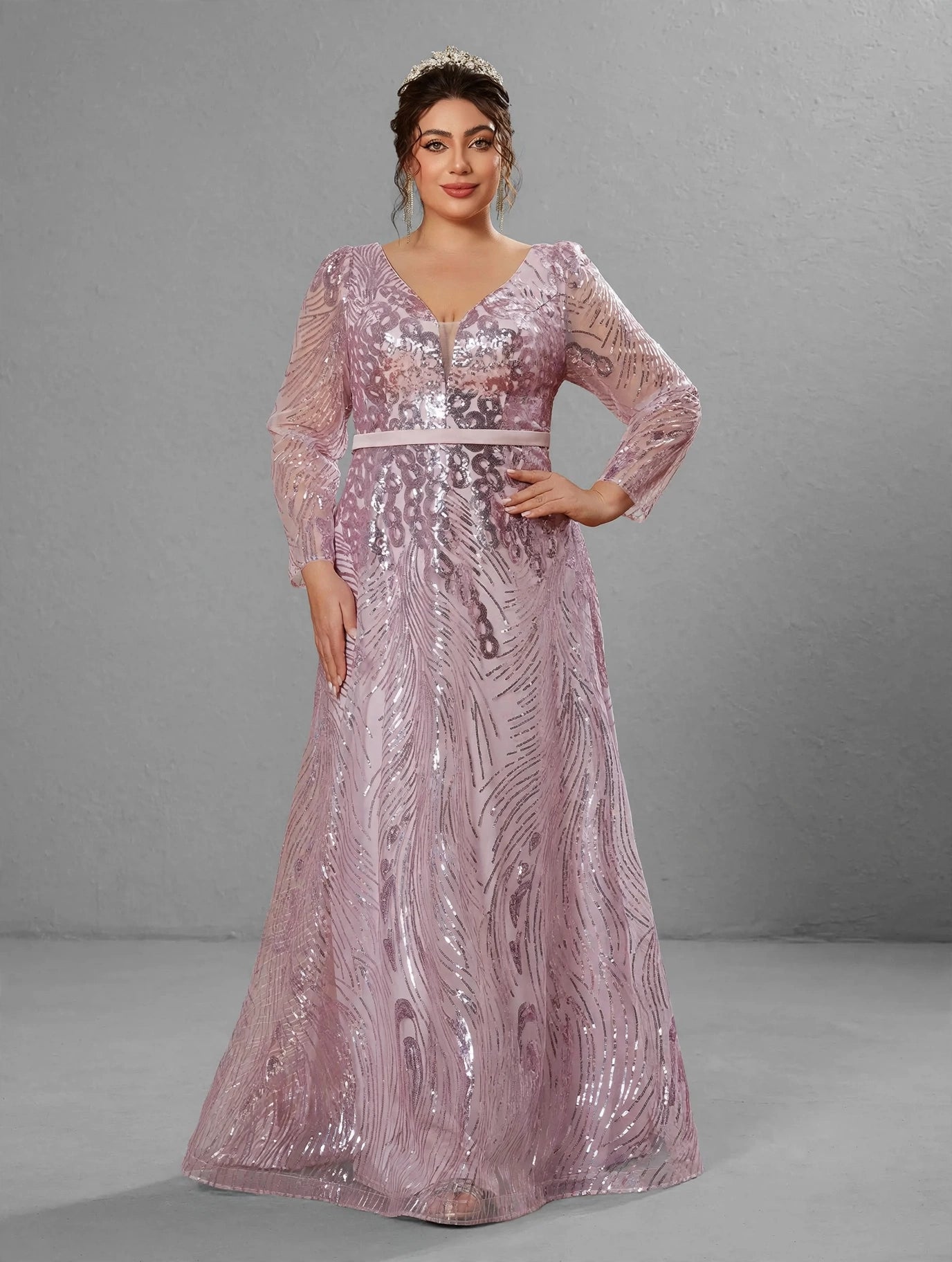 V-Neck Sequin Formal Evening Gown