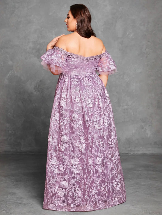 Embroidered Lace Flared-Sleeve Maxi Dress