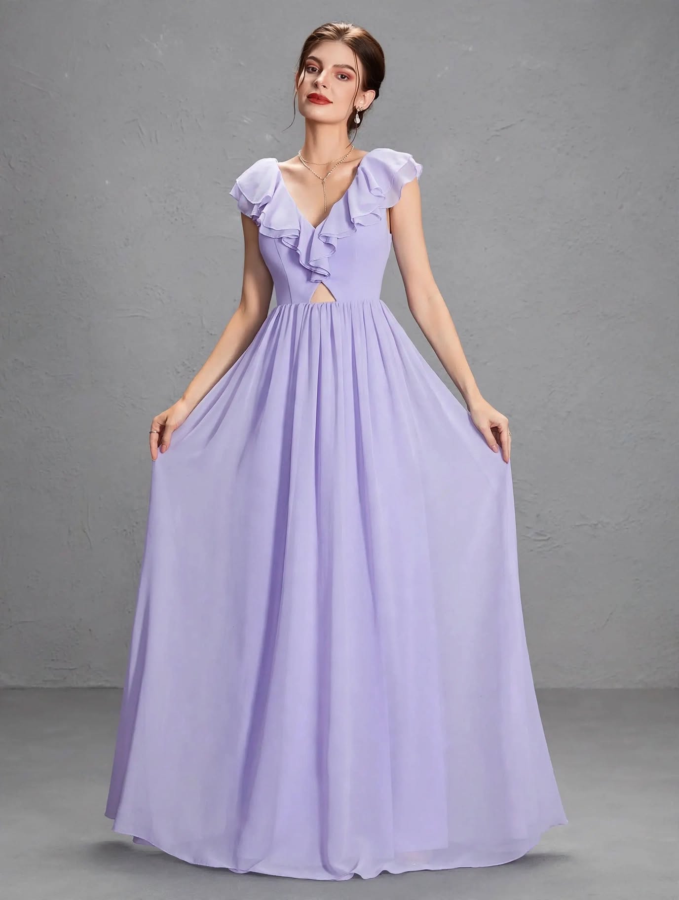 Romantic Double-Ruffle Chiffon Evening Gown