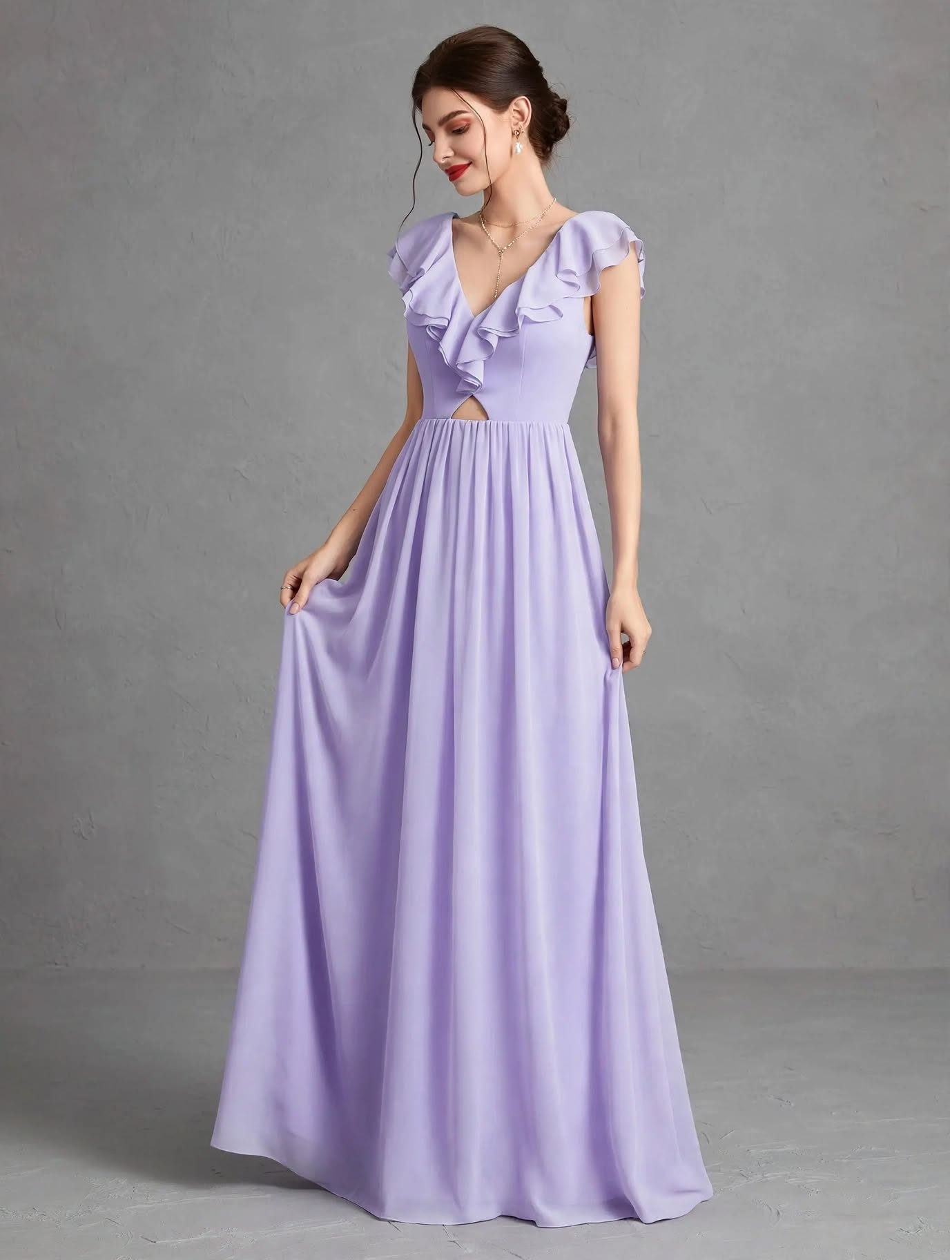 Romantic Double-Ruffle Chiffon Evening Gown
