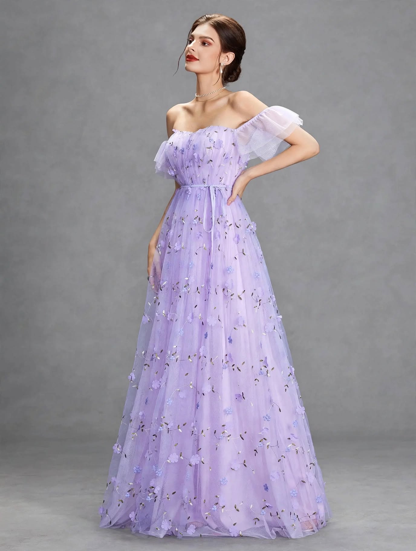 3D Embroidered Lace Evening Gown