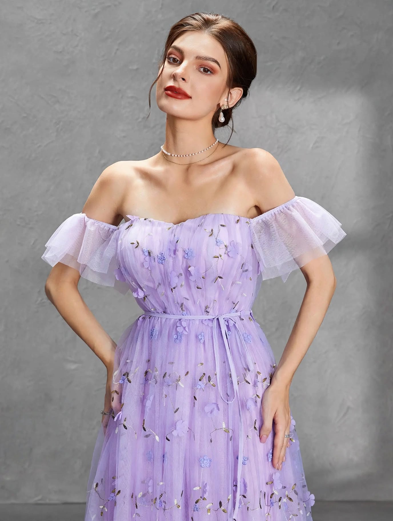 3D Embroidered Lace Evening Gown