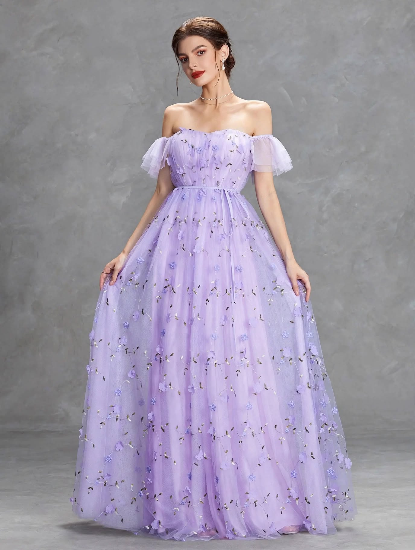 3D Embroidered Lace Evening Gown