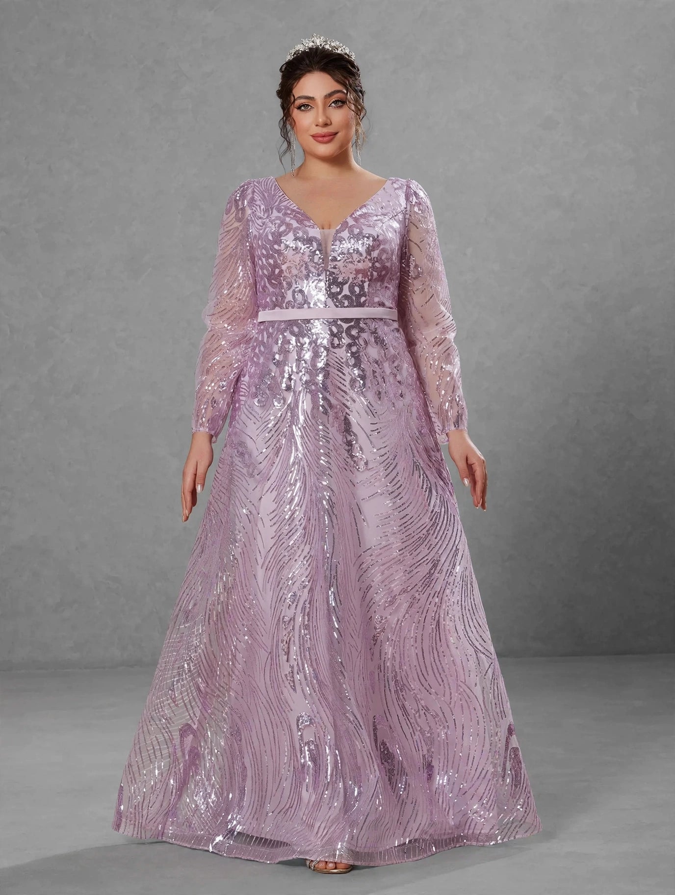 V-Neck Sequin Formal Evening Gown