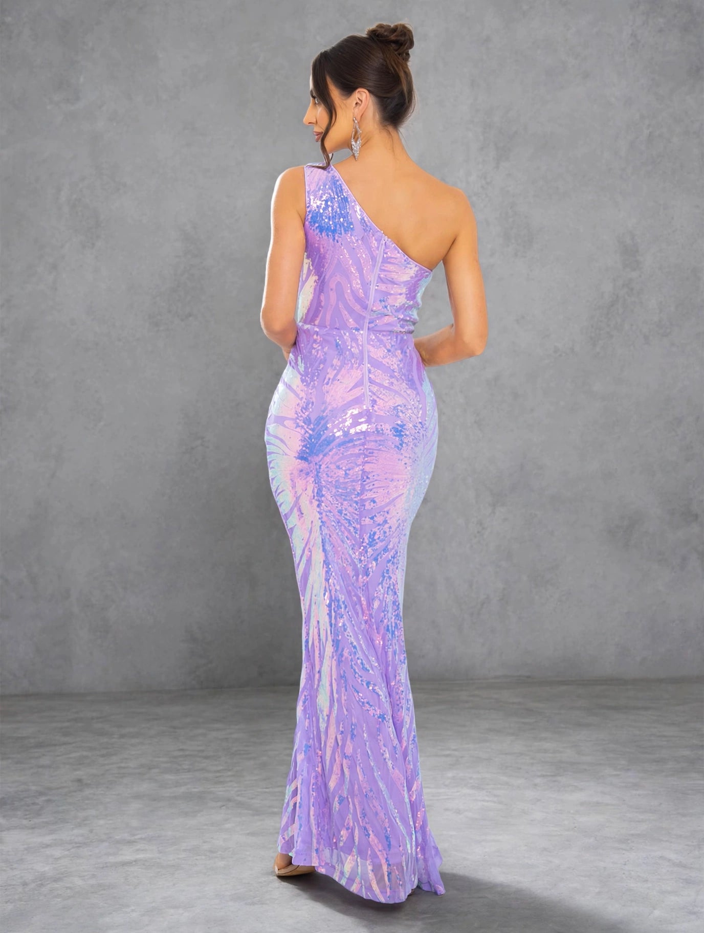 One-Shoulder Floral Sequin Evening Dress