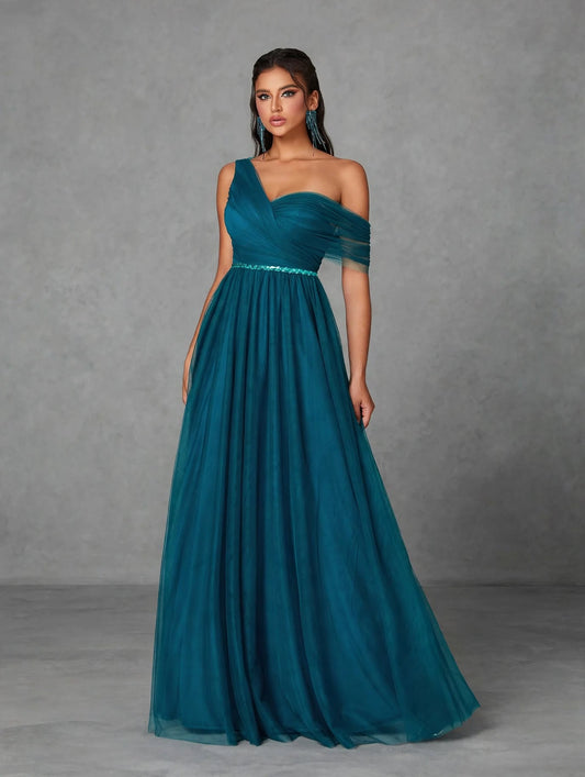 One Shoulder Flanged Sequin Belt Netting