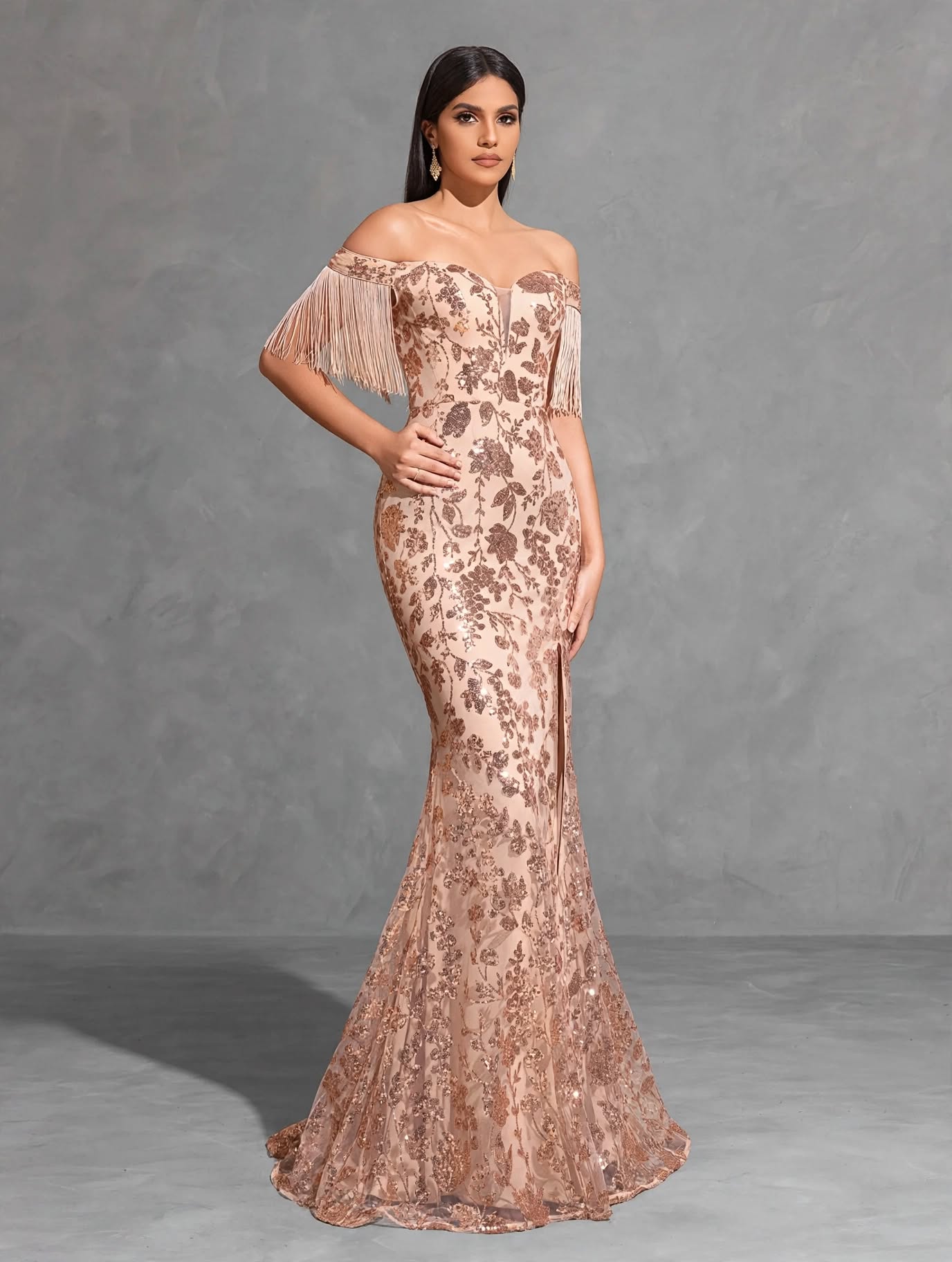Off-the-shoulder Sequined Tassel Sleeve Slit Dress