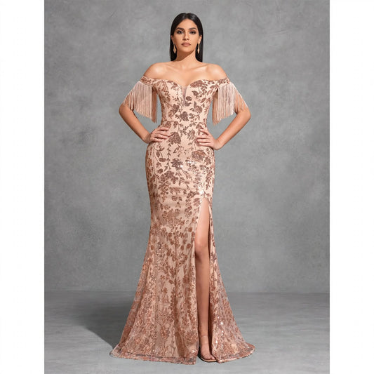 Off-the-shoulder Sequined Tassel Sleeve Slit Dress