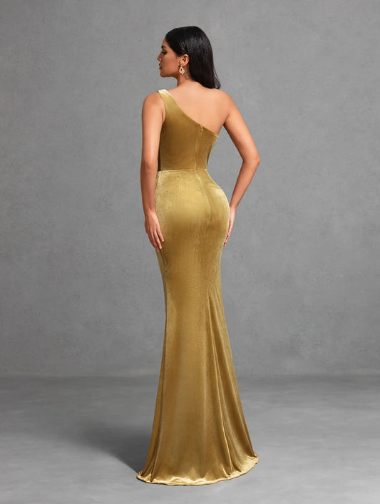 One-shoulder Pleated Slit Velvet Dress, Elegant and Chic Dress