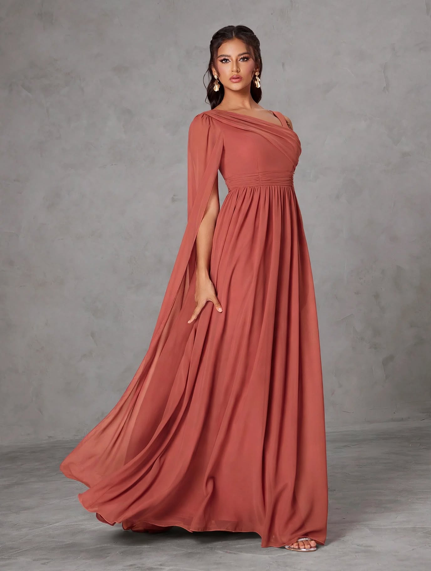 Asymmetric One-Shoulder Pearl Chiffon Dress
