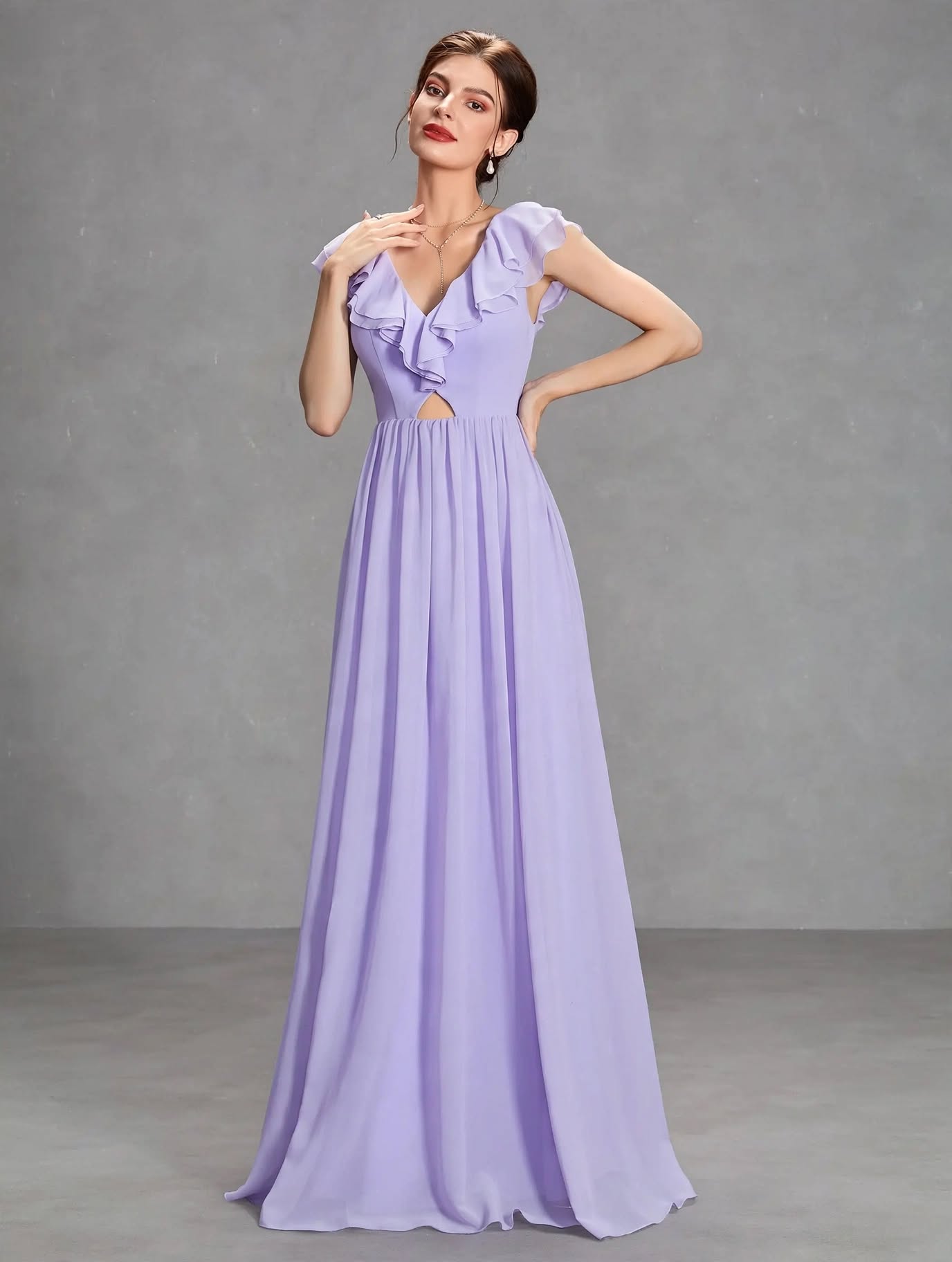 Romantic Double-Ruffle Chiffon Evening Gown