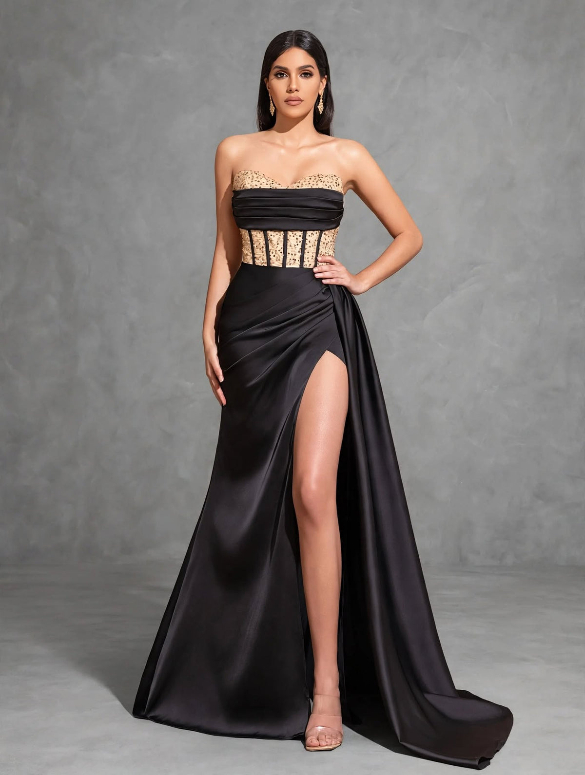 Satin Waist Slimming, Sequin Stitching, Chest Pleats, Slit Floor-length Wedding Dress