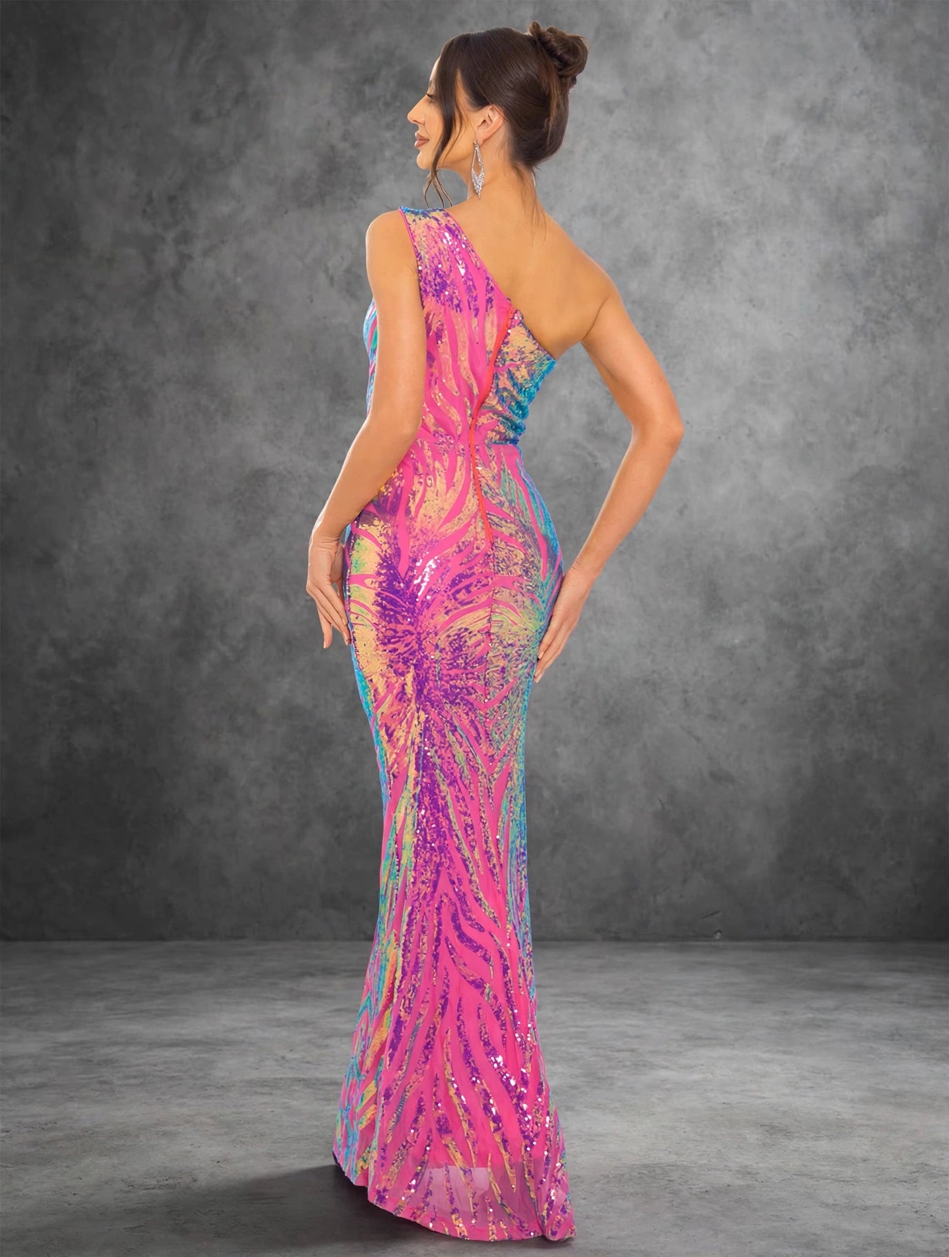 One-Shoulder Floral Sequin Evening Dress
