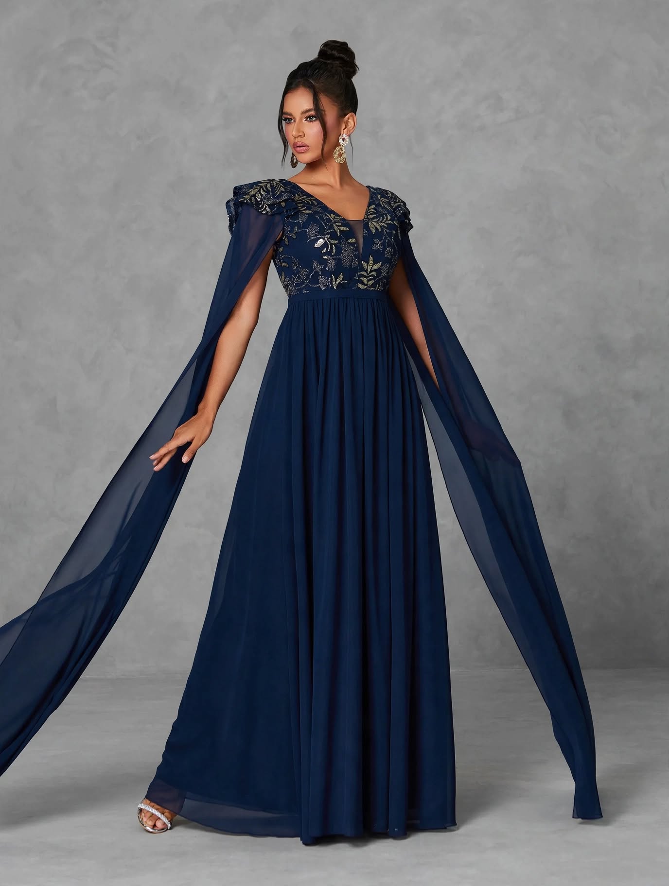 V-Neck Embroidered Sequin Ruffle Evening Dress