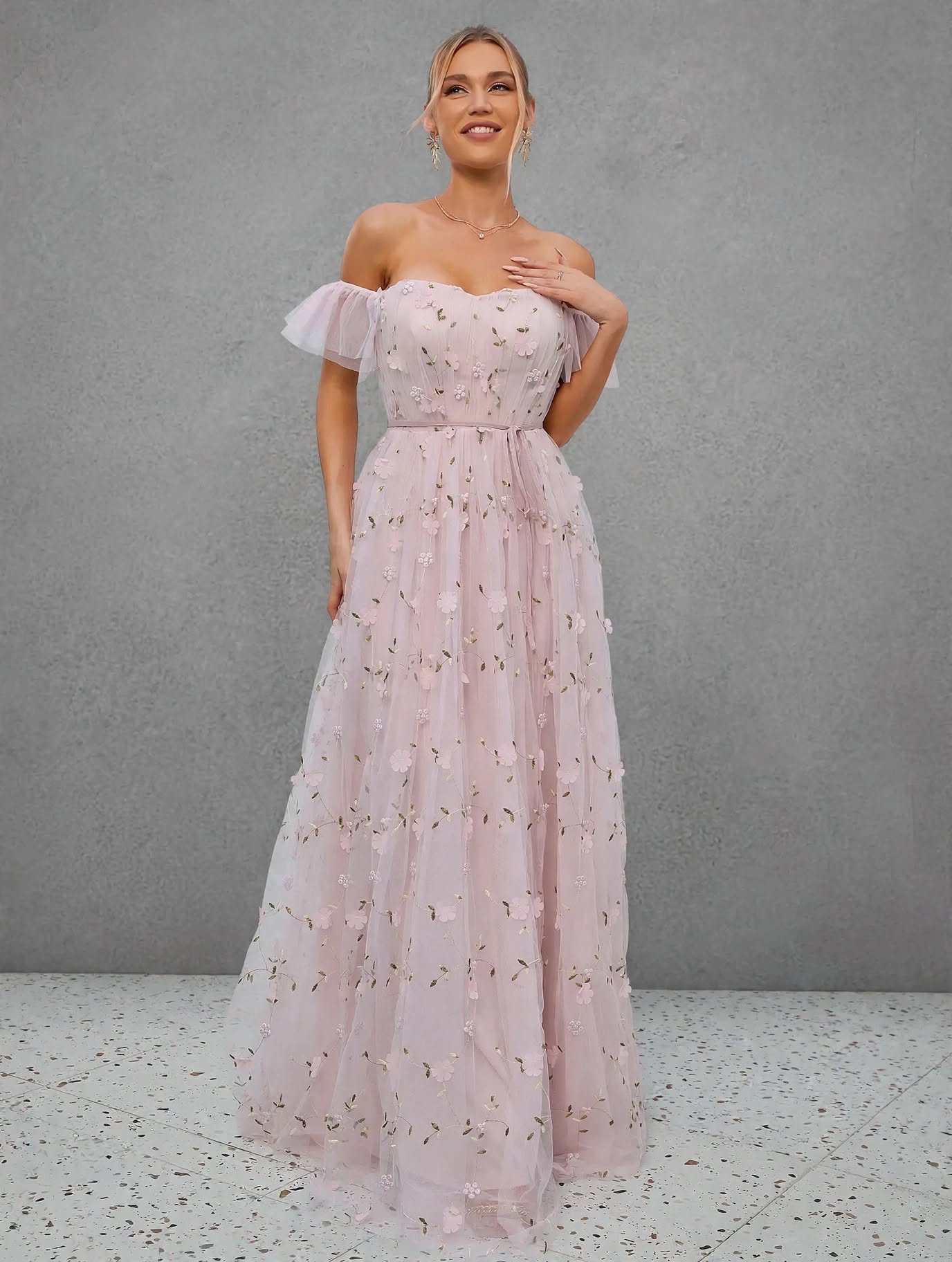 3D Embroidered Lace Evening Gown