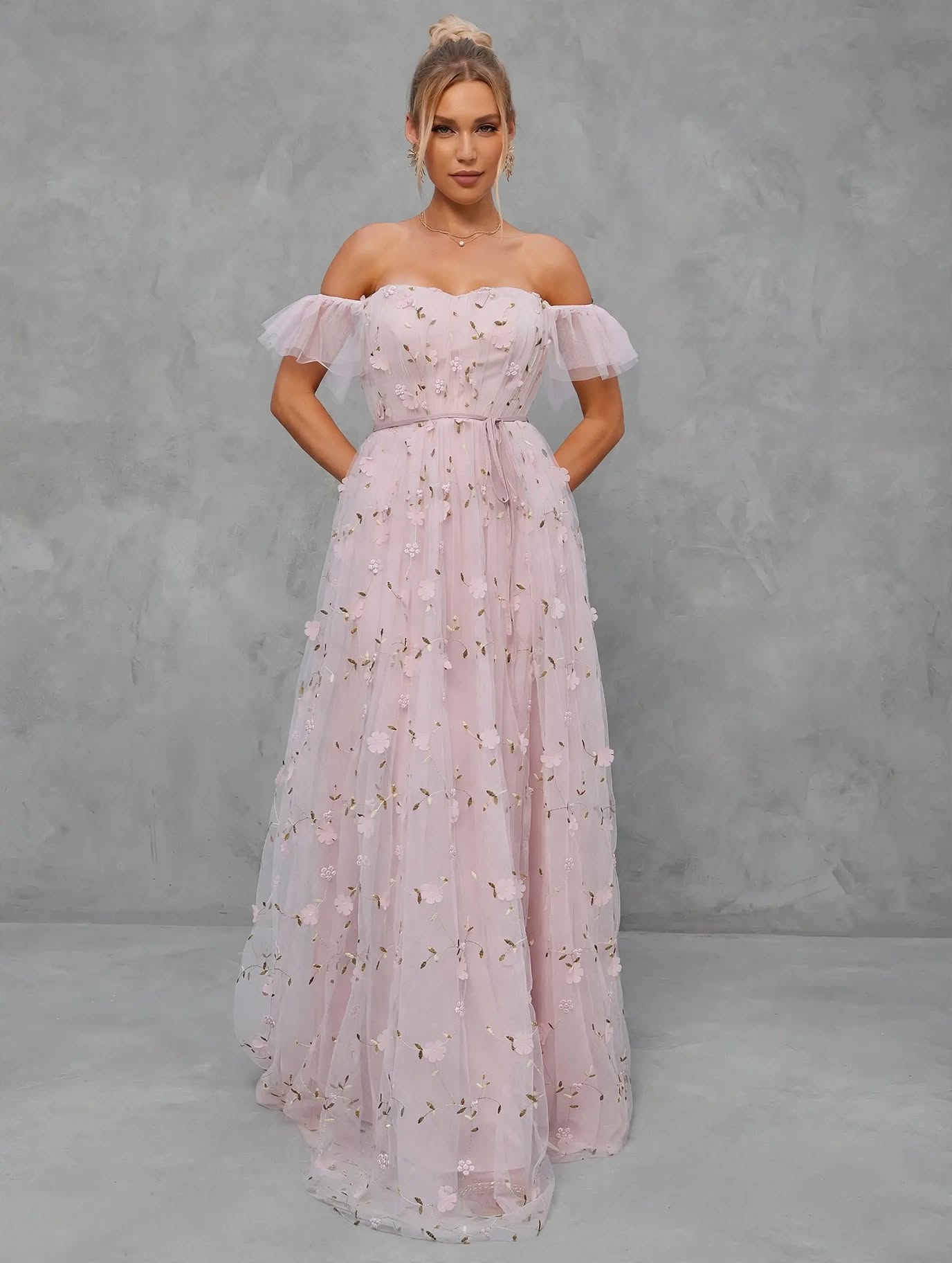 3D Embroidered Lace Evening Gown