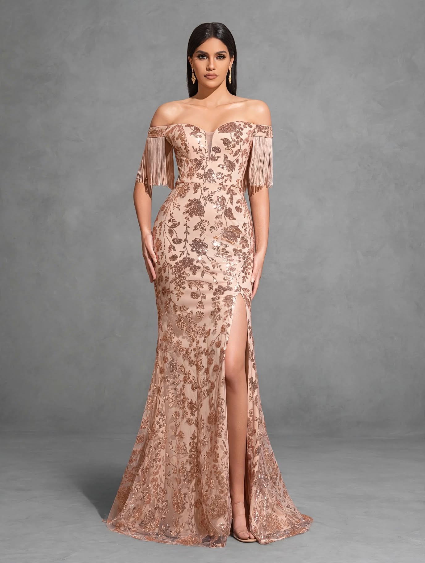 Off-the-shoulder Sequined Tassel Sleeve Slit Dress