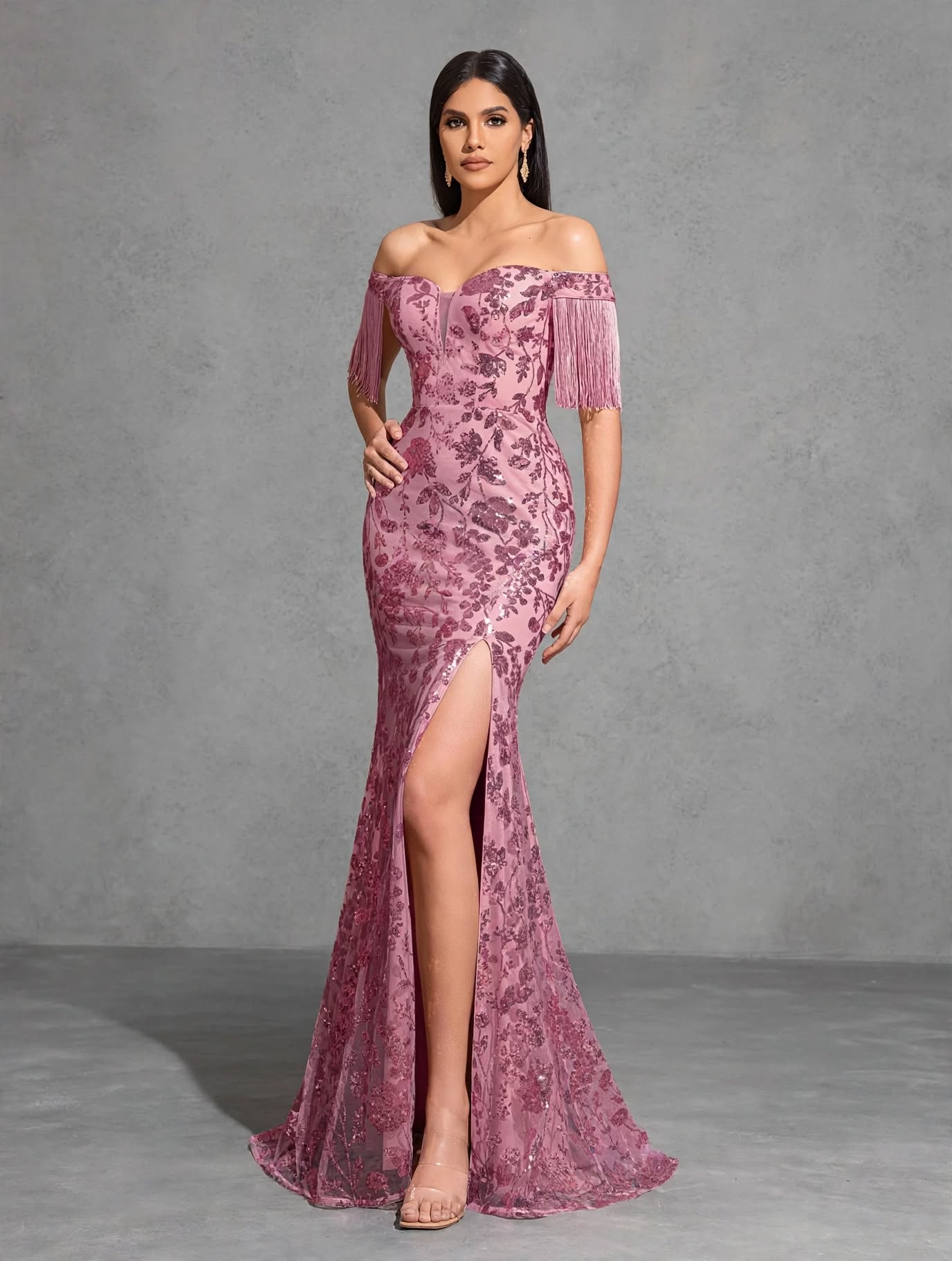 Off-the-shoulder Sequined Tassel Sleeve Slit Dress