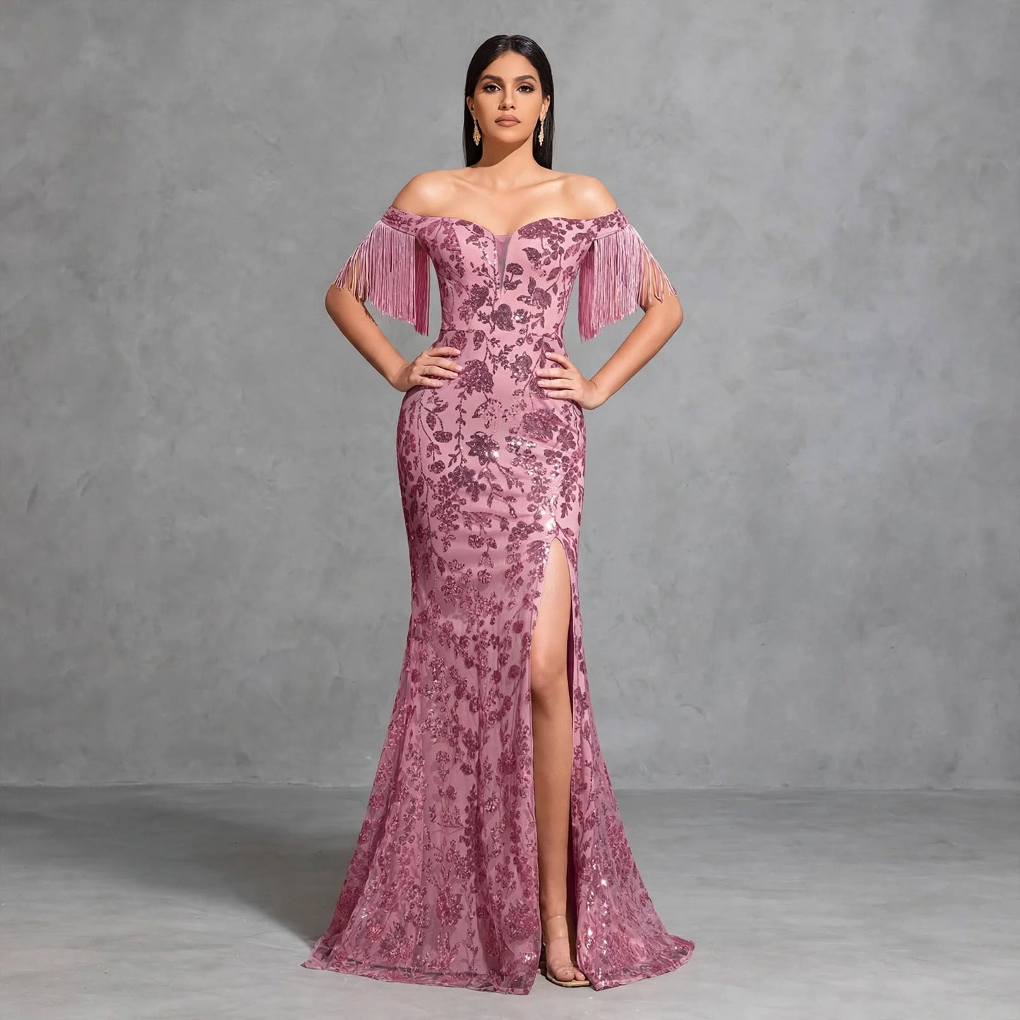 Off-the-shoulder Sequined Tassel Sleeve Slit Dress
