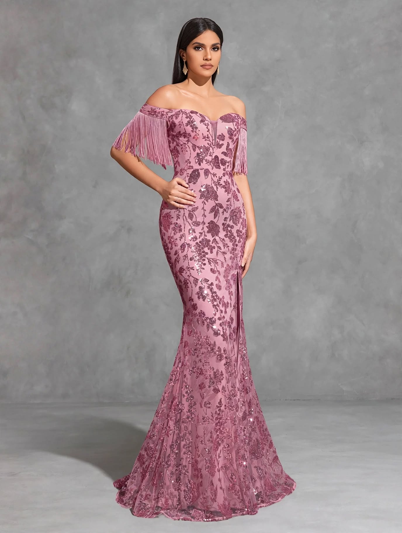 Off-the-shoulder Sequined Tassel Sleeve Slit Dress