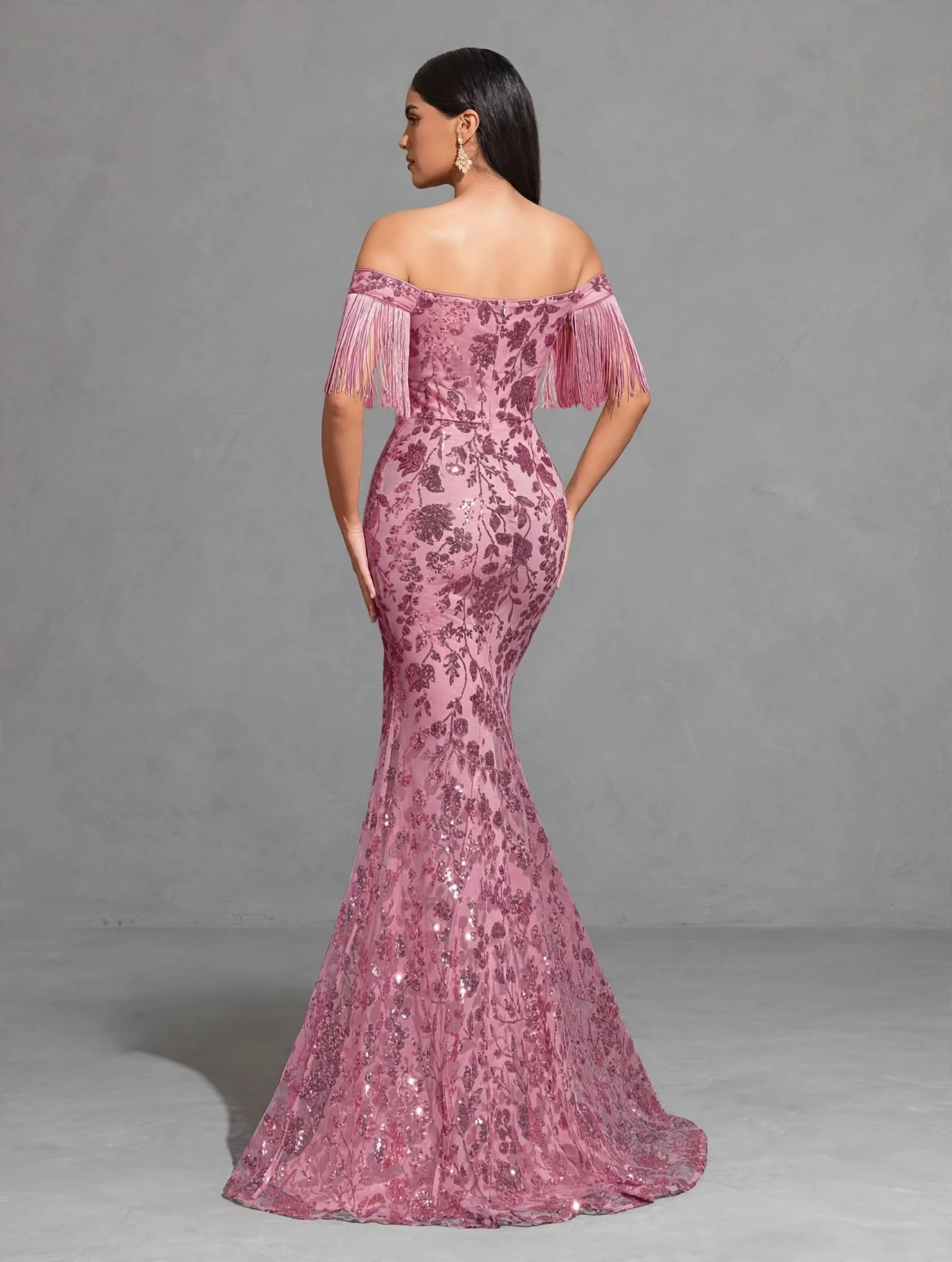 Off-the-shoulder Sequined Tassel Sleeve Slit Dress