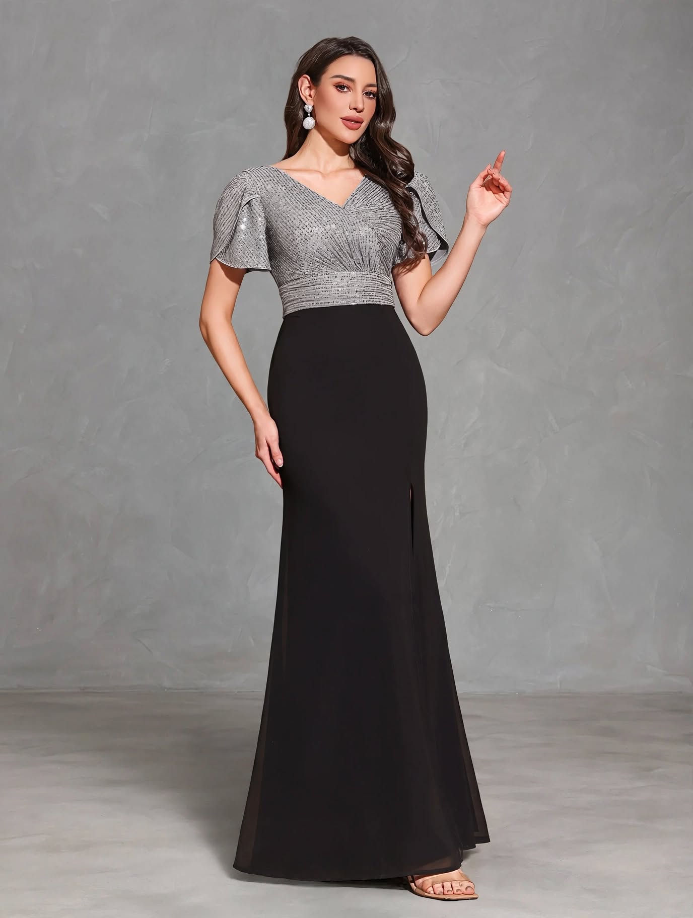 Sequined Cross Neck Chiffon Hip Slit Elegant Dress