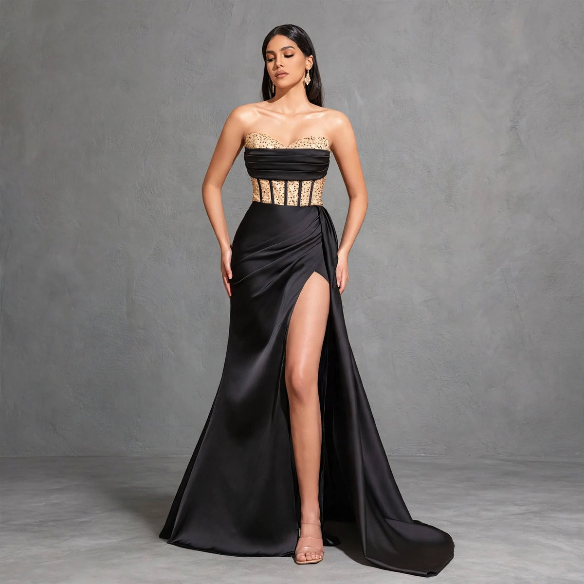 Satin Waist Slimming, Sequin Stitching, Chest Pleats, Slit Floor-length Wedding Dress