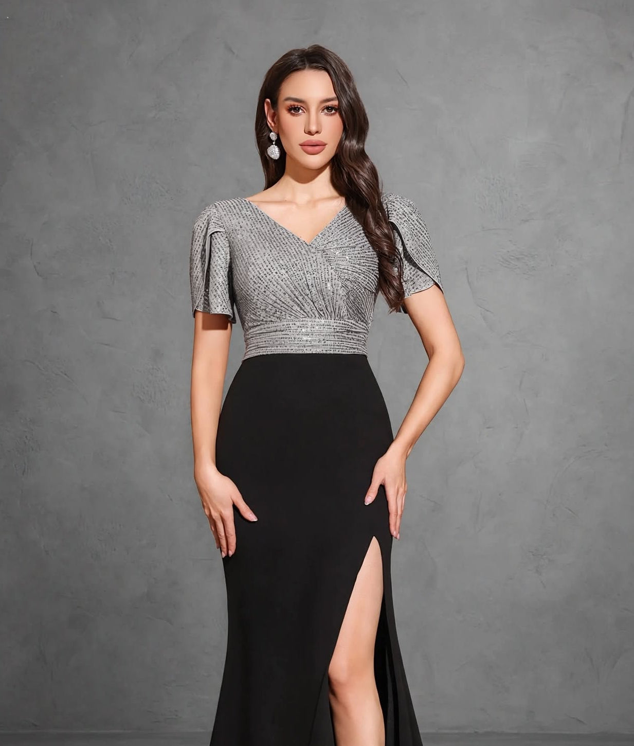 Sequined Cross Neck Chiffon Hip Slit Elegant Dress