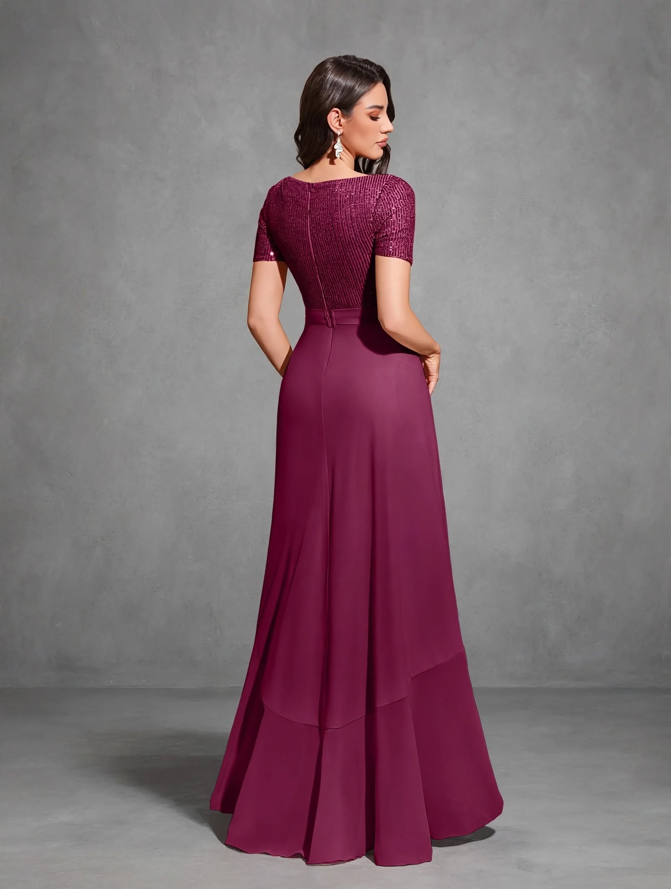 V-neck Short-sleeved Sequined Chiffon Pleated Asymmetrical Hem Dress