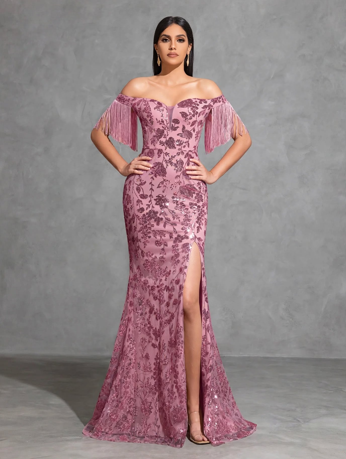 Off-the-shoulder Sequined Tassel Sleeve Slit Dress