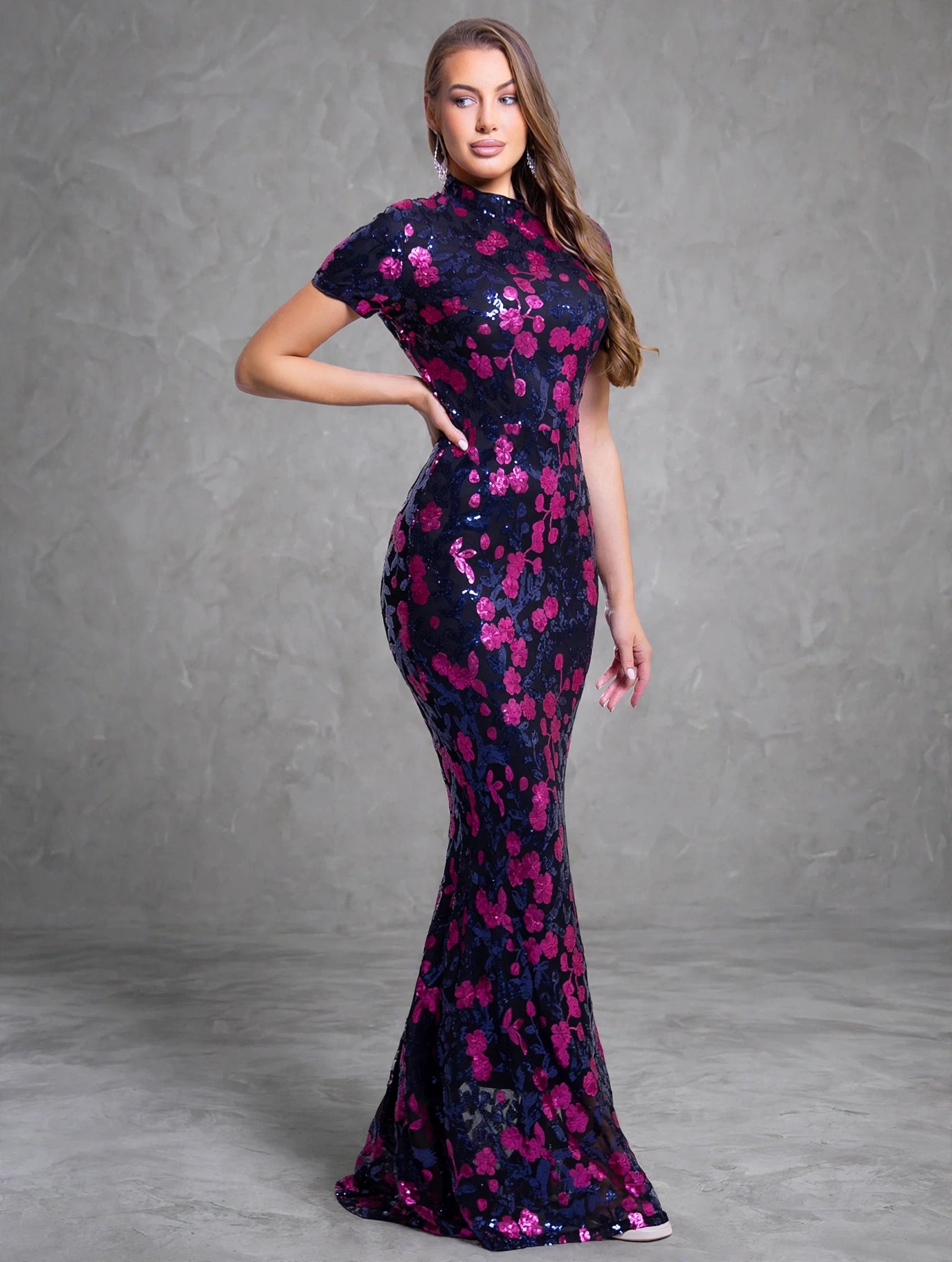 Floral Sequin Bodycon Evening Dress
