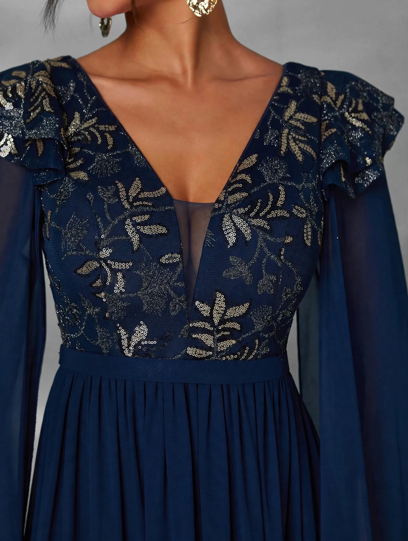 V-Neck Embroidered Sequin Ruffle Evening Dress