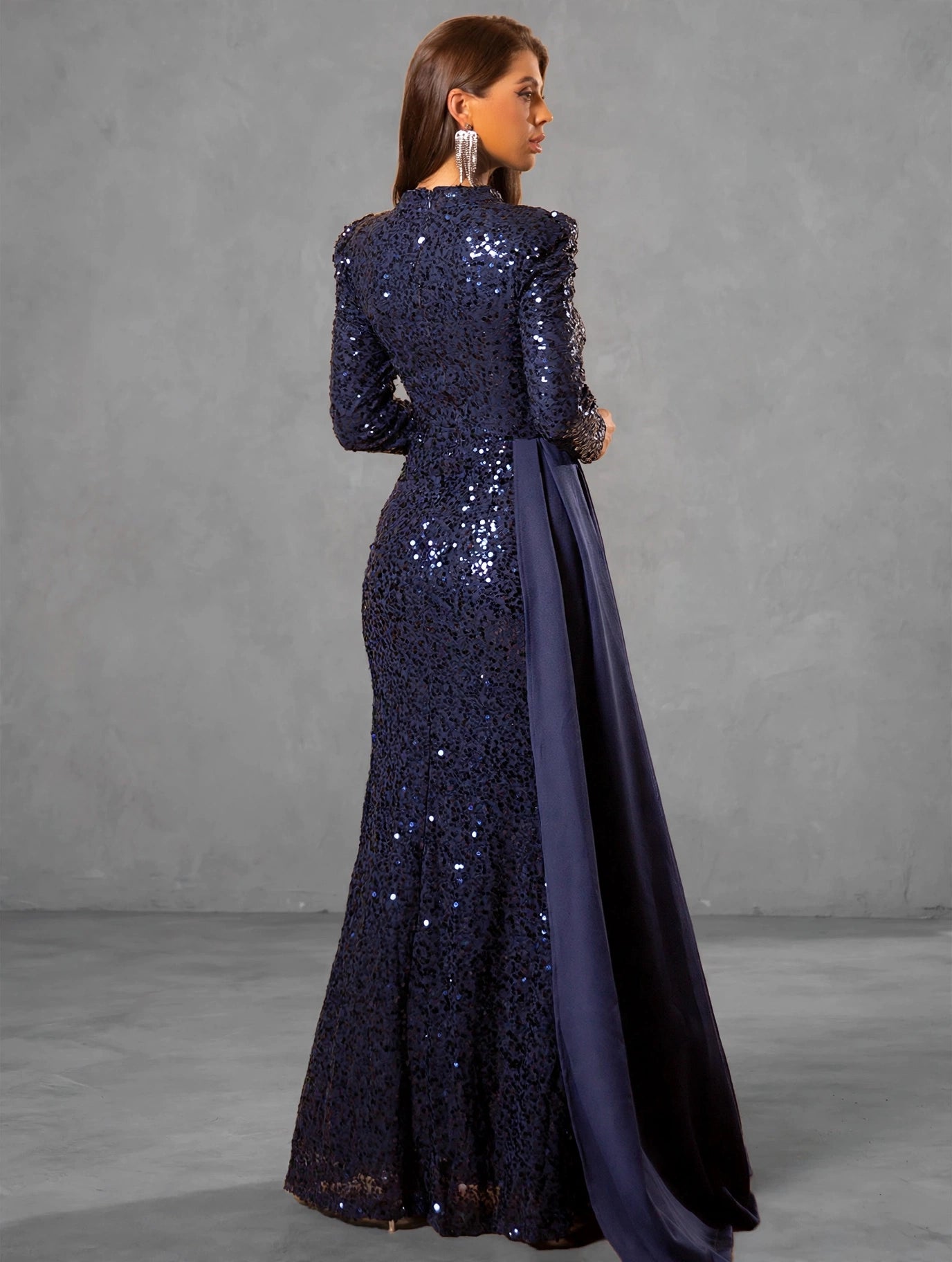 Navy Sequin Long-Sleeve Evening Gown