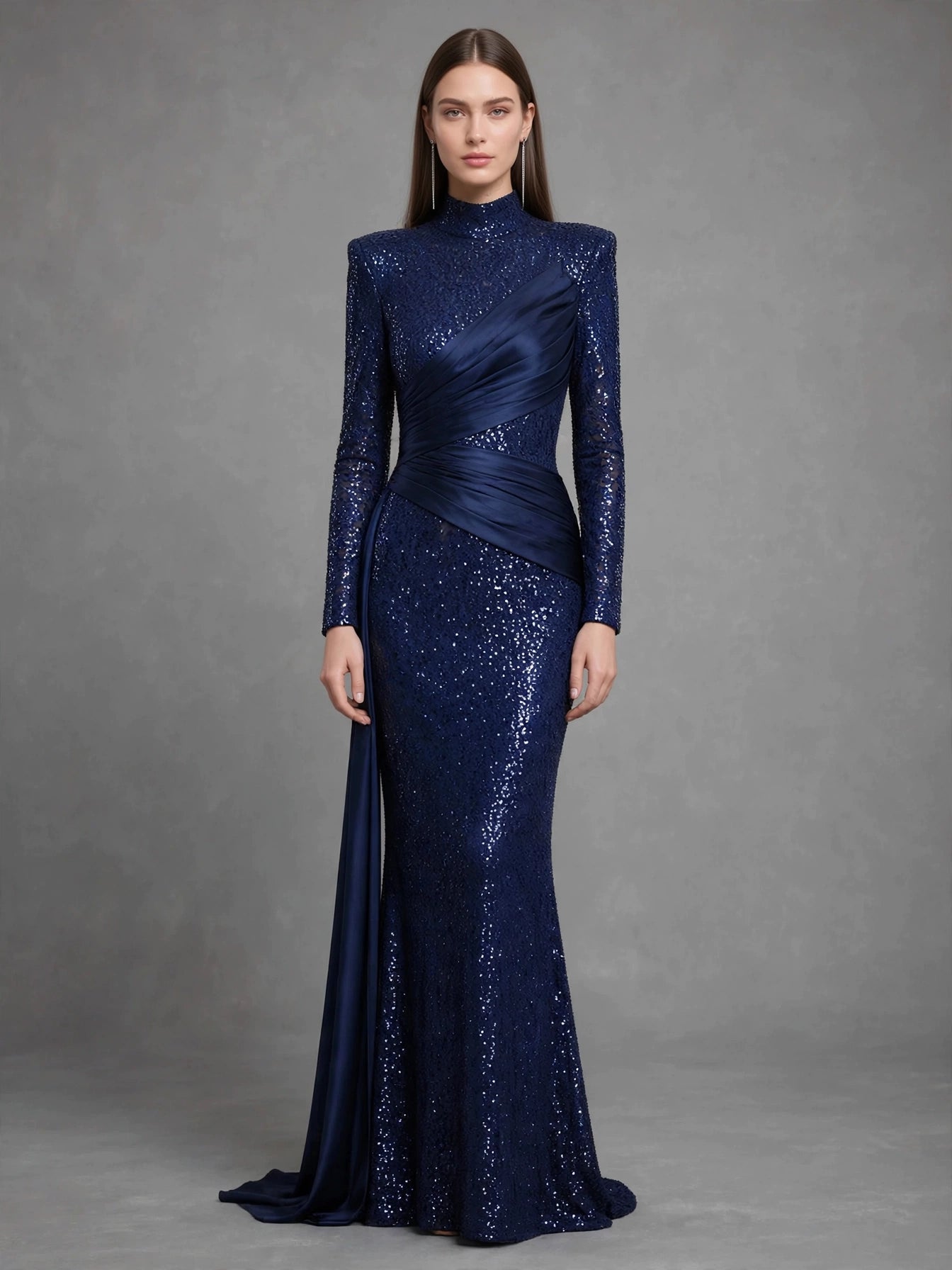 Navy Sequin Long-Sleeve Evening Gown