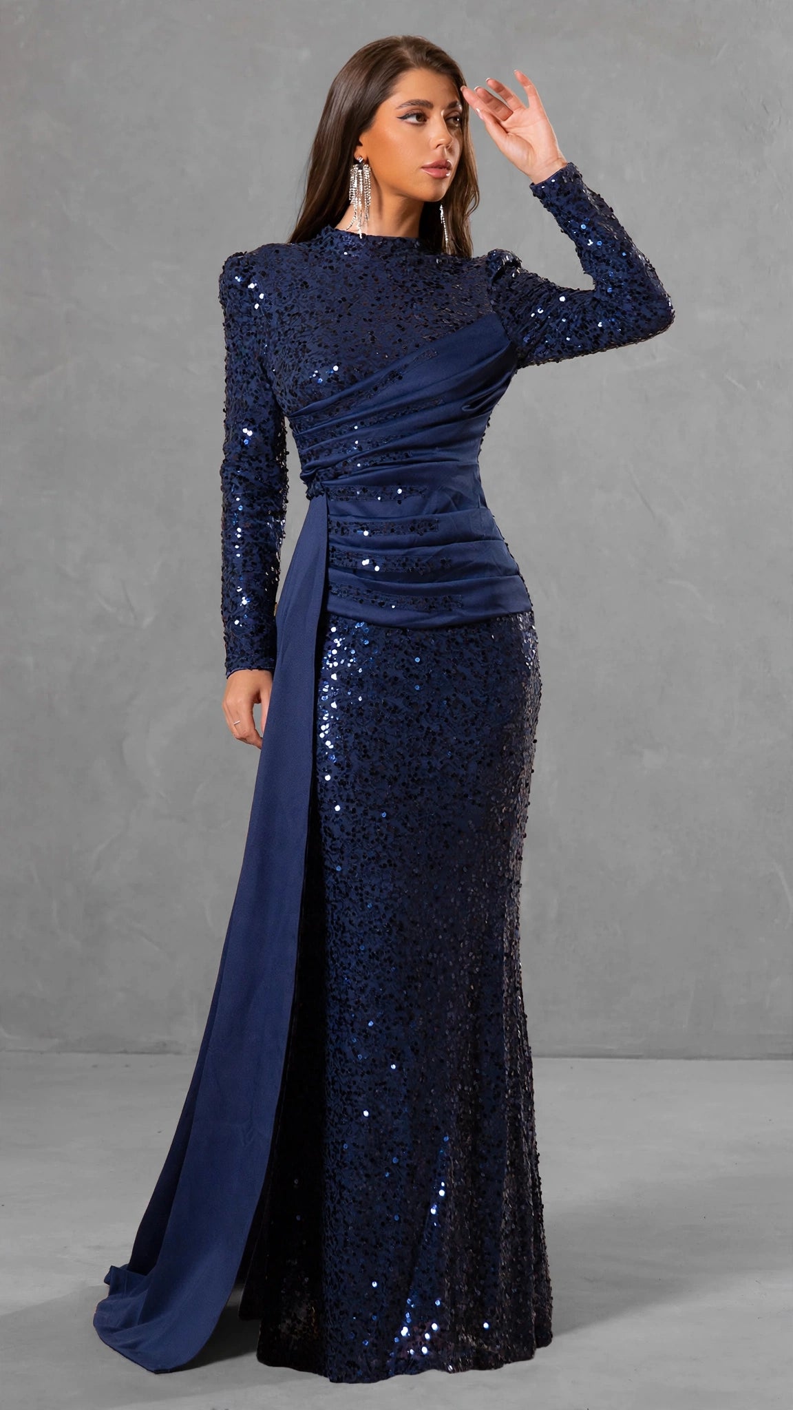 Navy Sequin Long-Sleeve Evening Gown