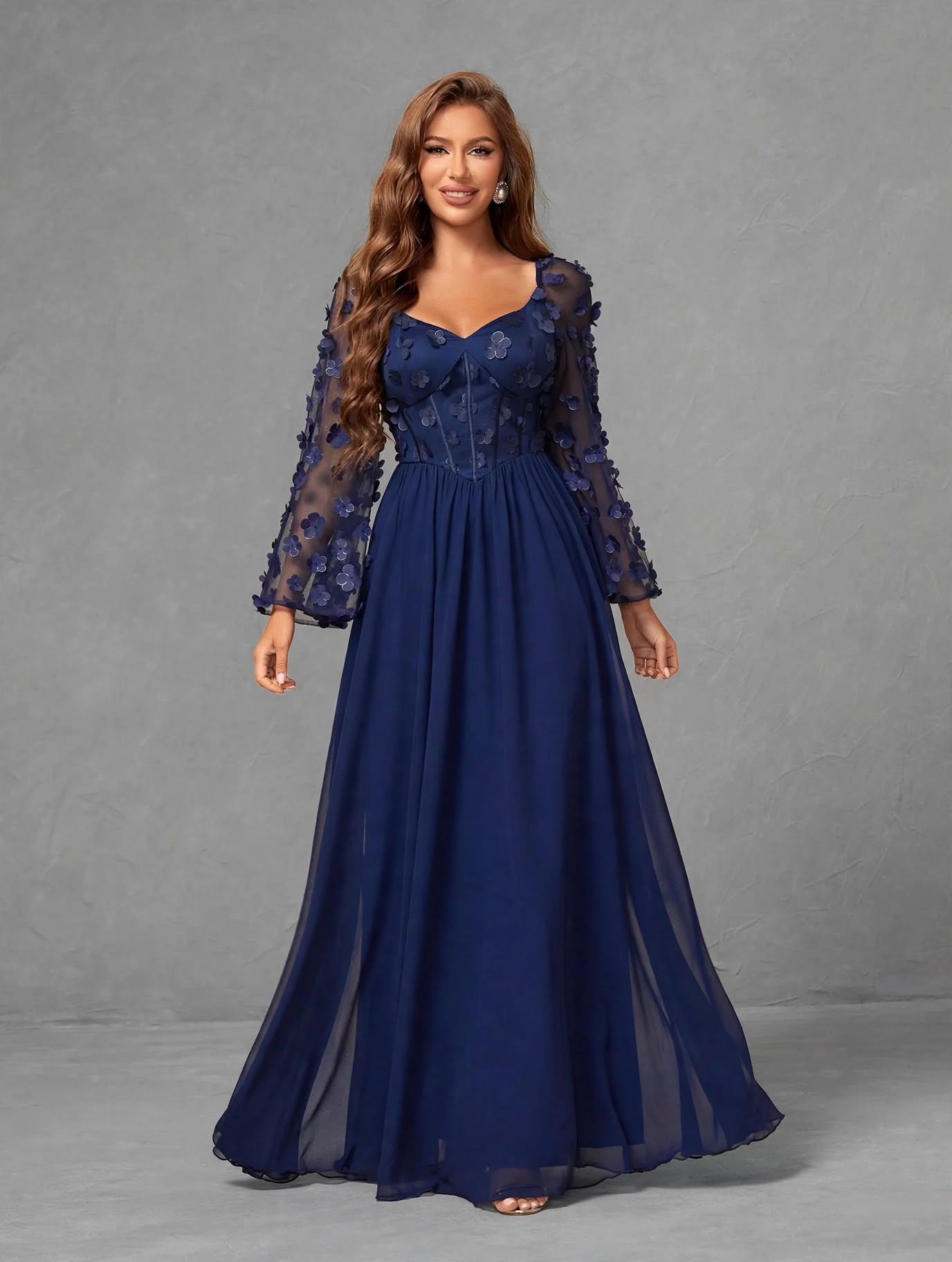 3D Floral Chiffon Evening Gown