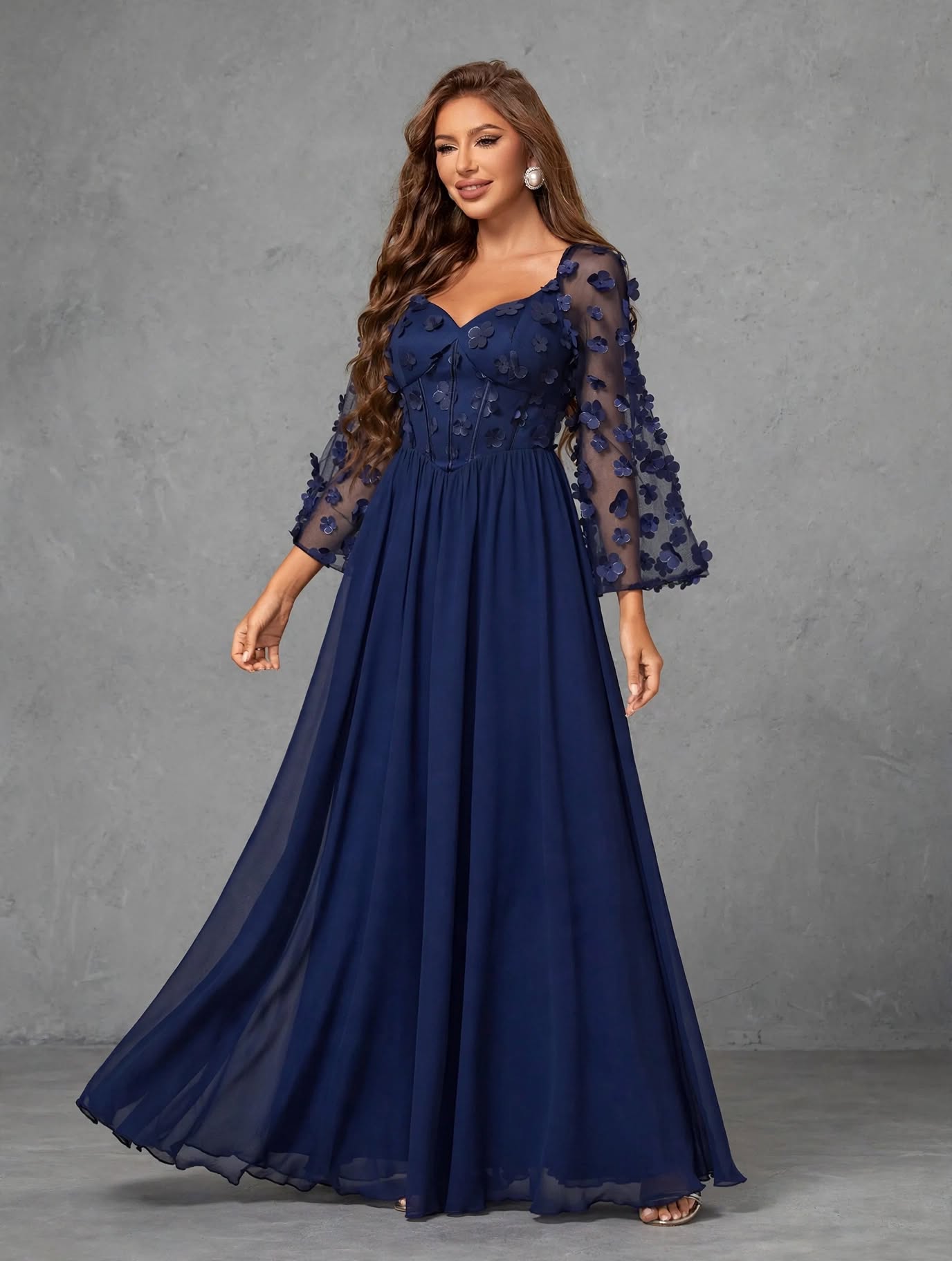 3D Floral Chiffon Evening Gown