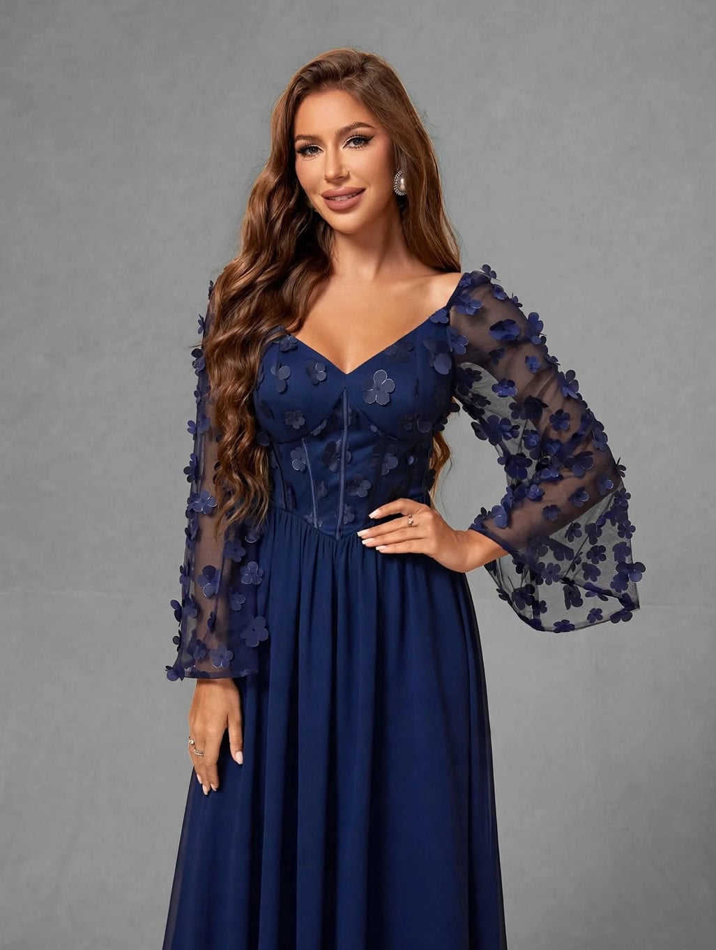 3D Floral Chiffon Evening Gown