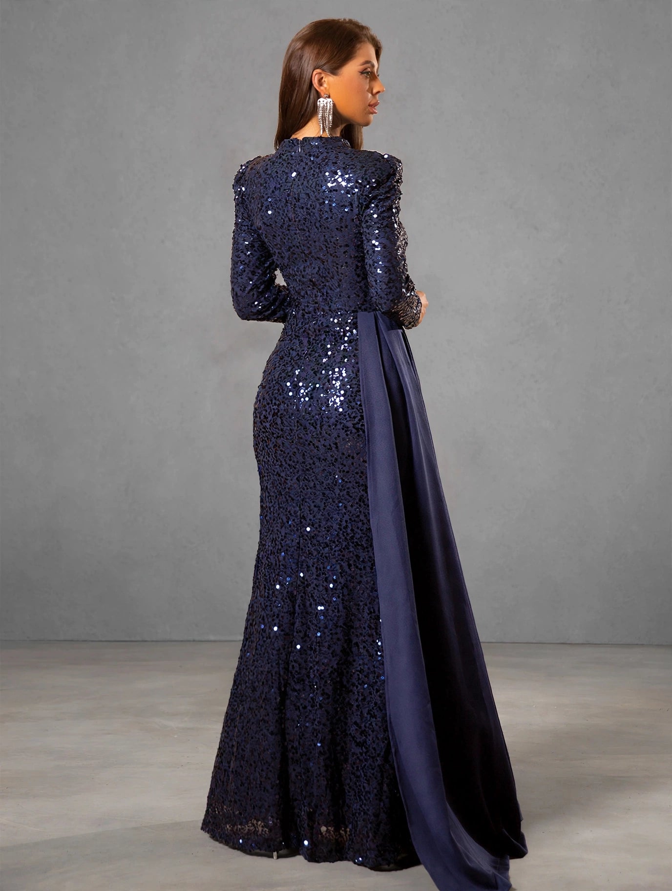 Navy Sequin Long-Sleeve Evening Gown