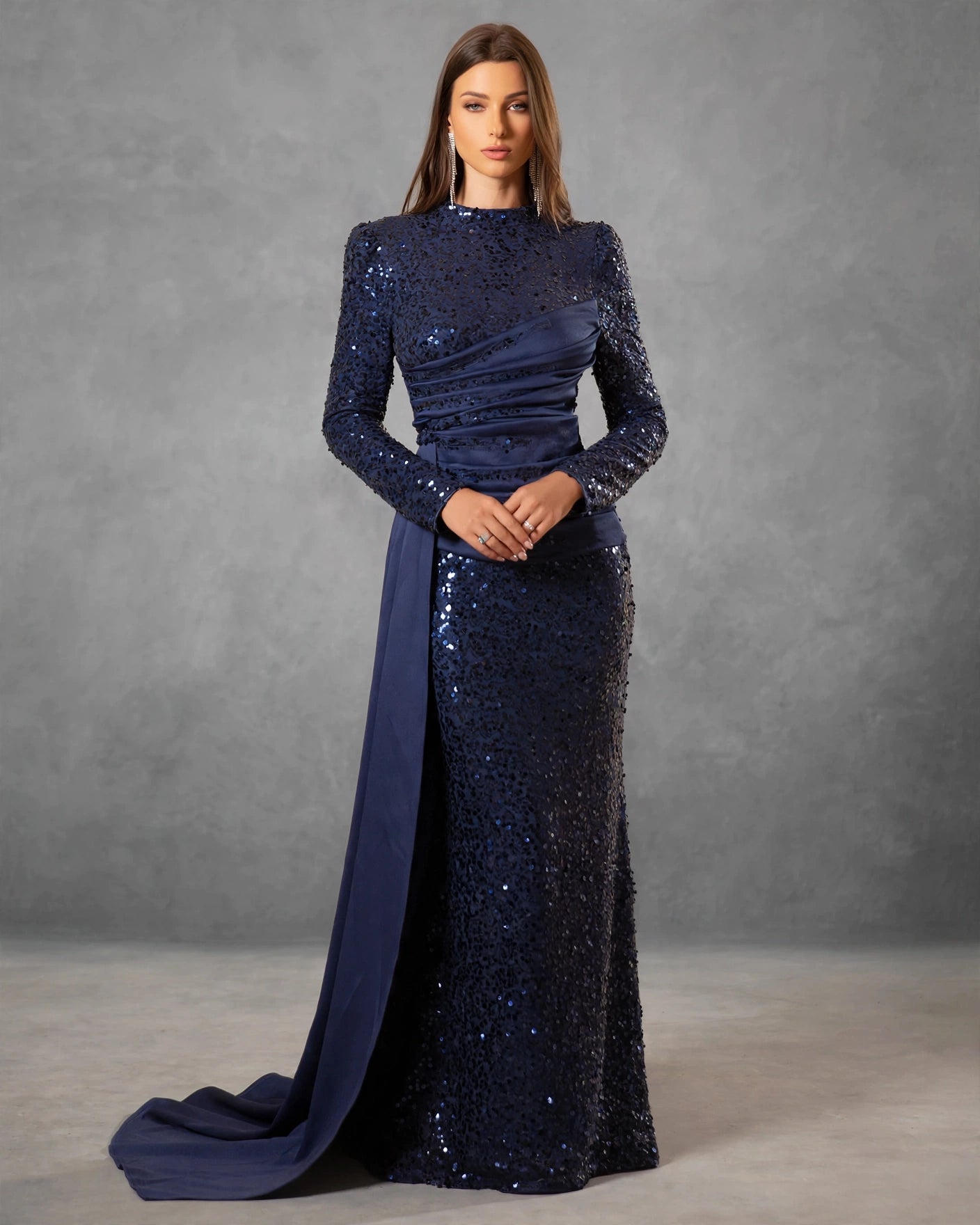 Navy Sequin Long-Sleeve Evening Gown