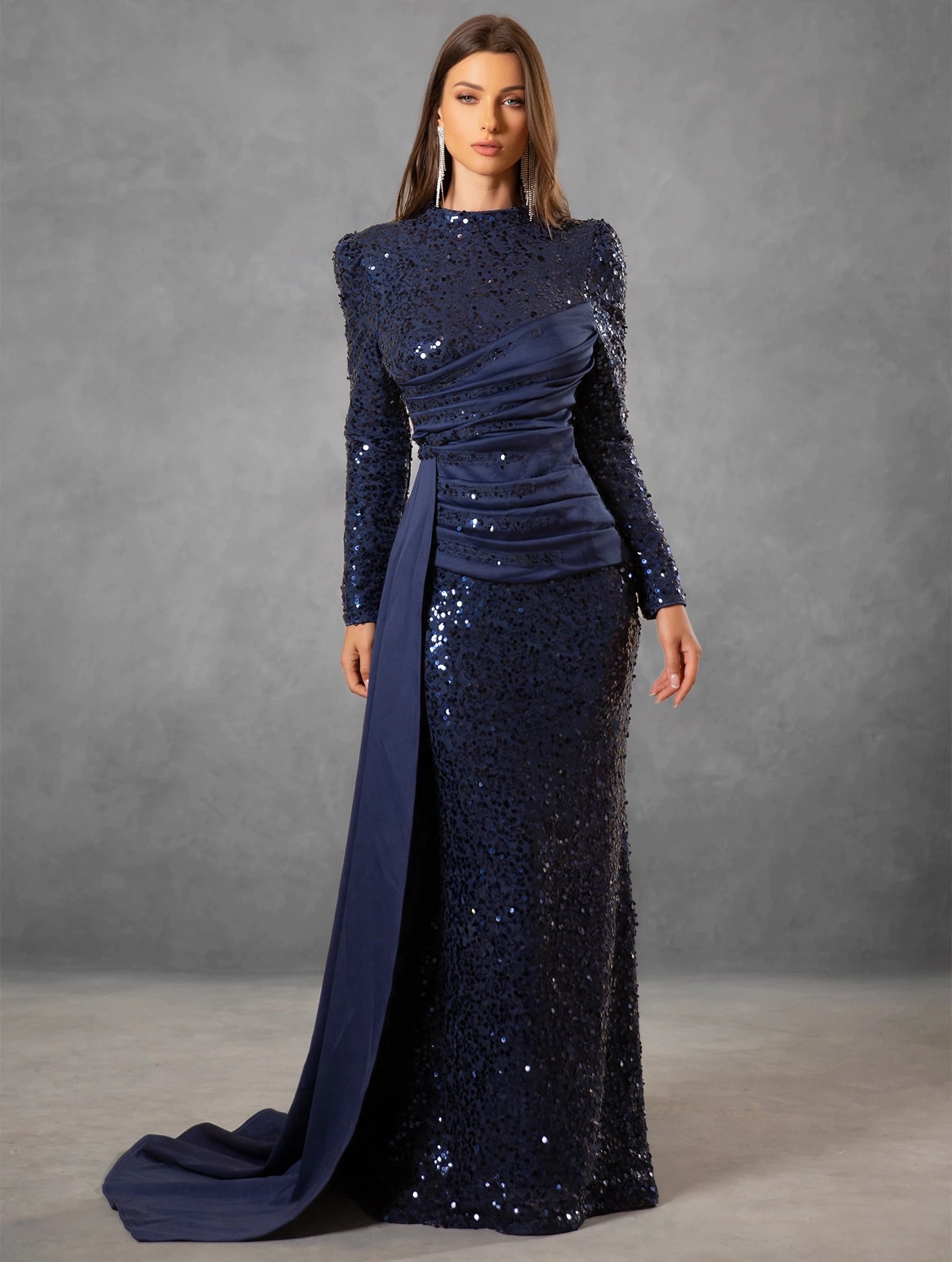 Navy Sequin Long-Sleeve Evening Gown
