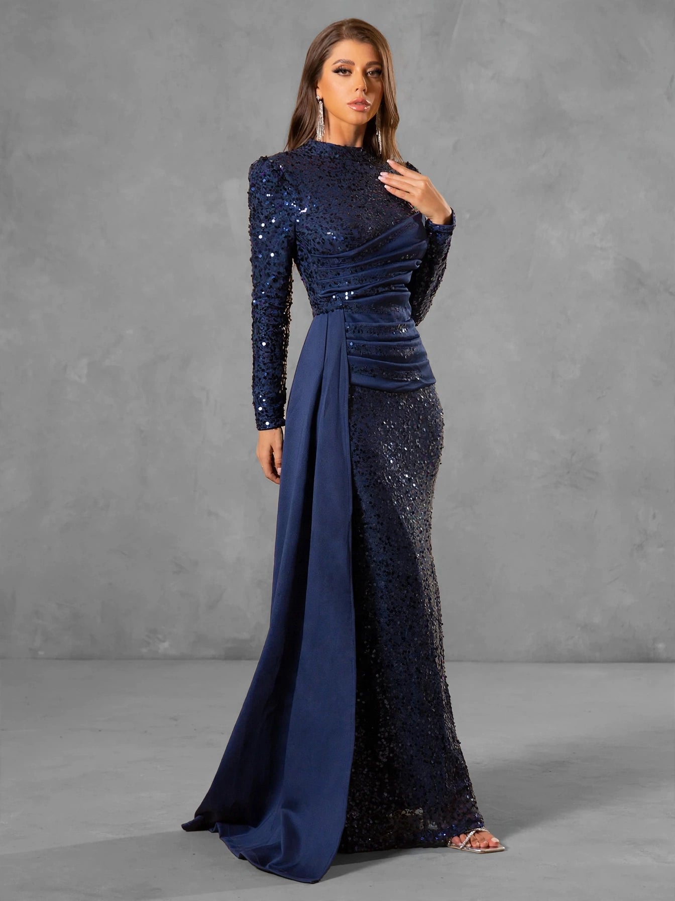 Navy Sequin Long-Sleeve Evening Gown