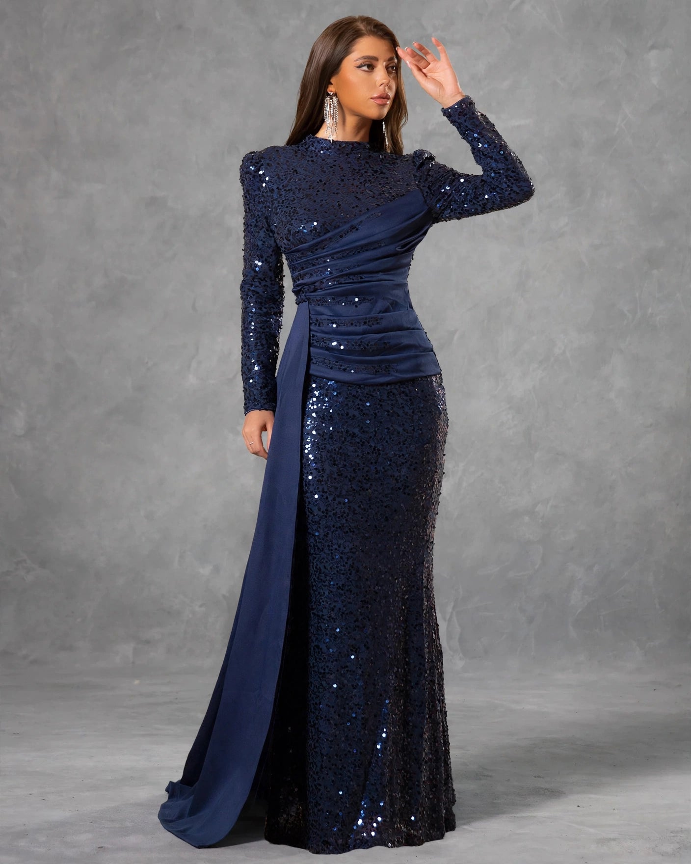 Navy Sequin Long-Sleeve Evening Gown