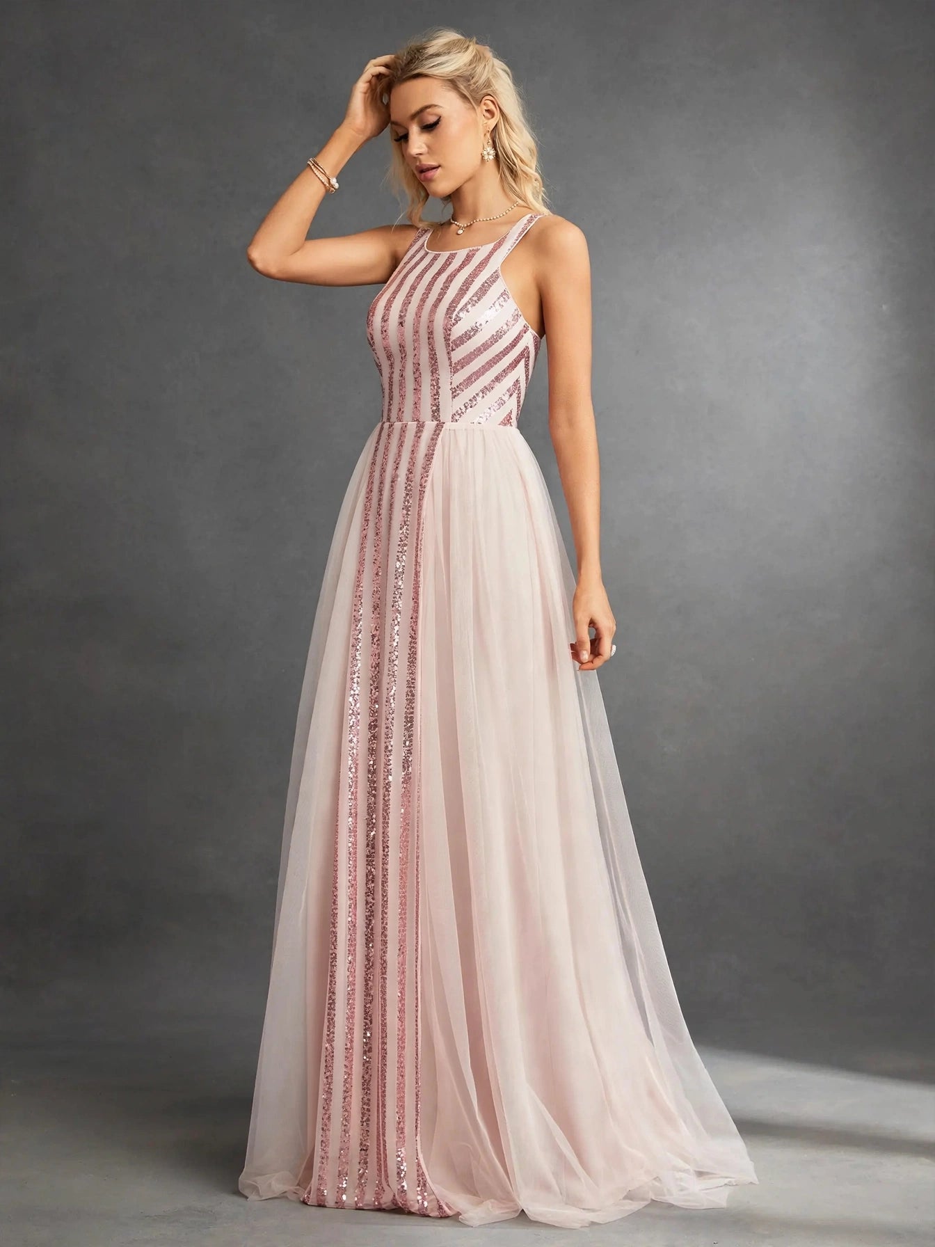 Sequin Mesh A-Line Evening Gown