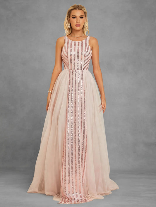 Sequin Mesh A-Line Evening Gown