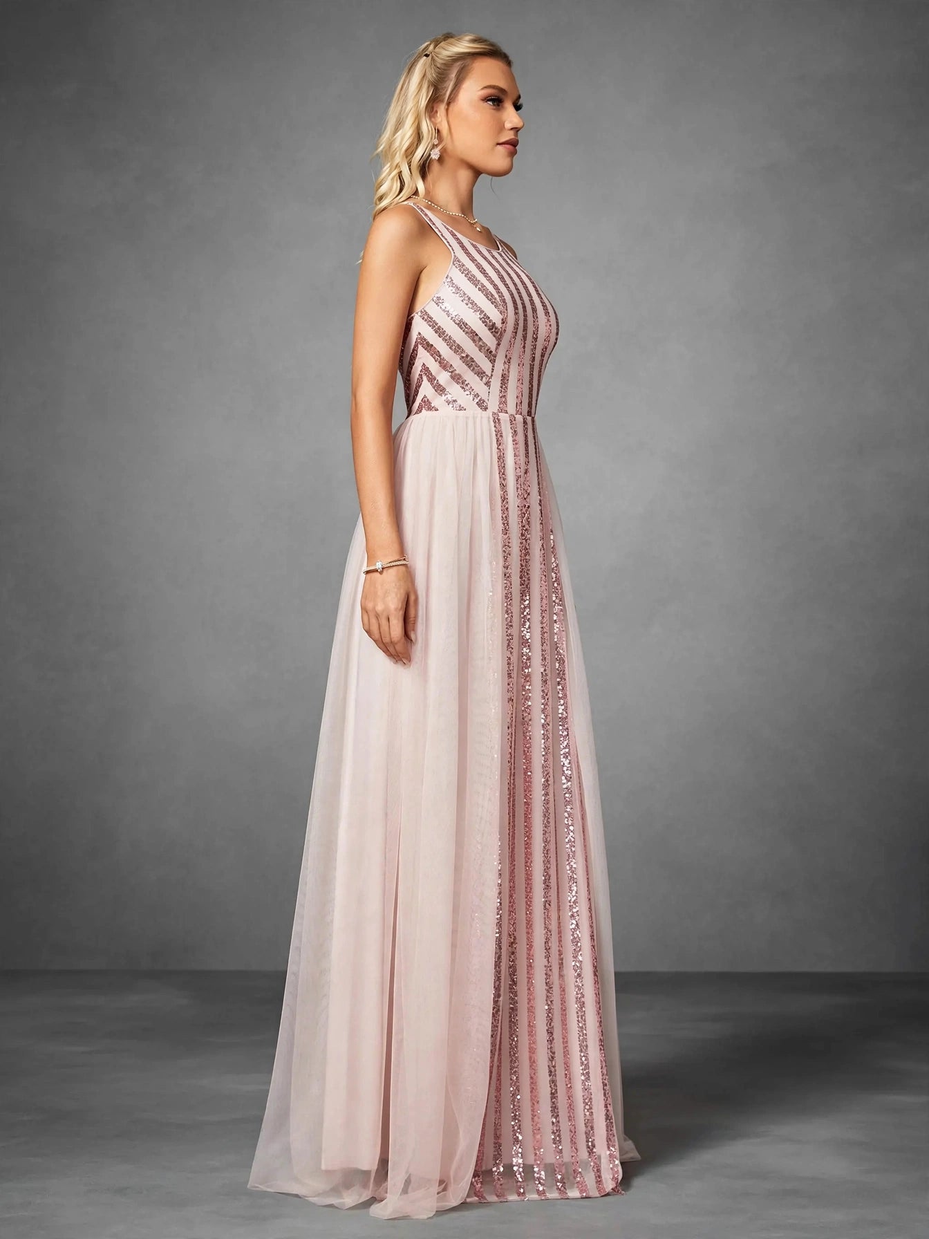 Sequin Mesh A-Line Evening Gown