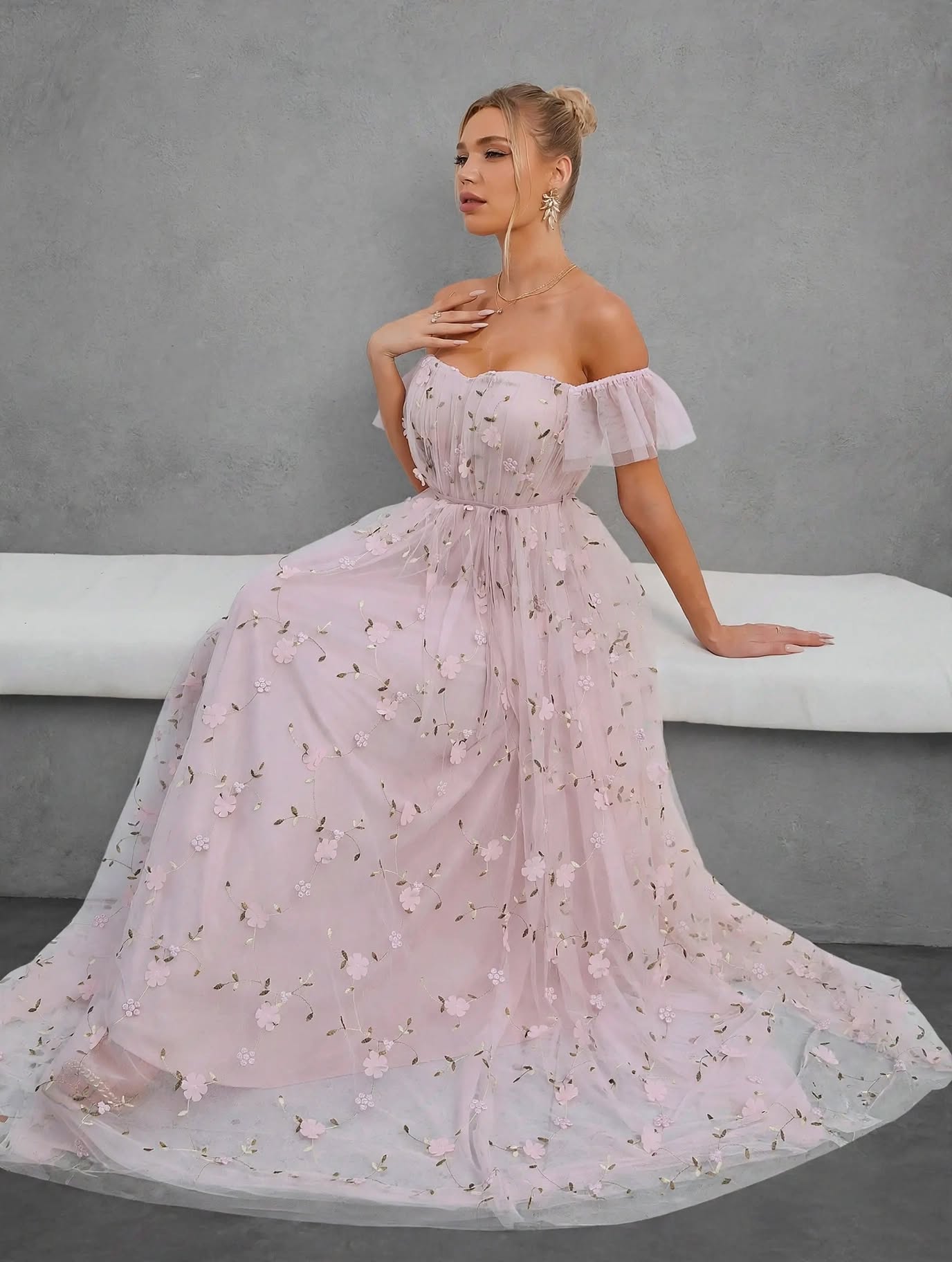 3D Embroidered Lace Evening Gown