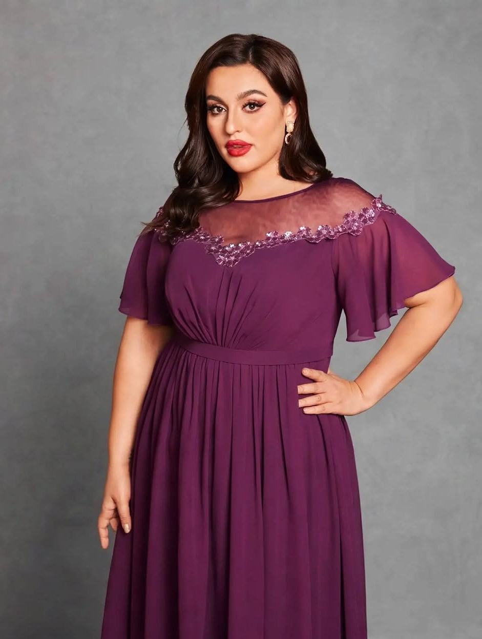 Mesh Sequin Applique Evening Dress
